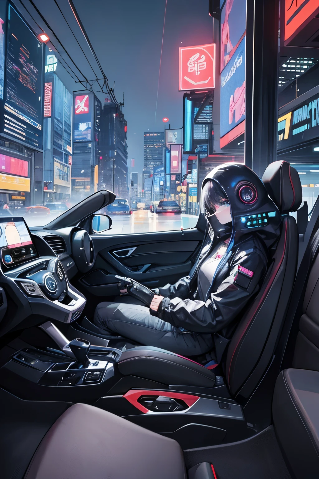 uma cidade cyberpunk, uma pessoa em um carro , com dinheiro no carro