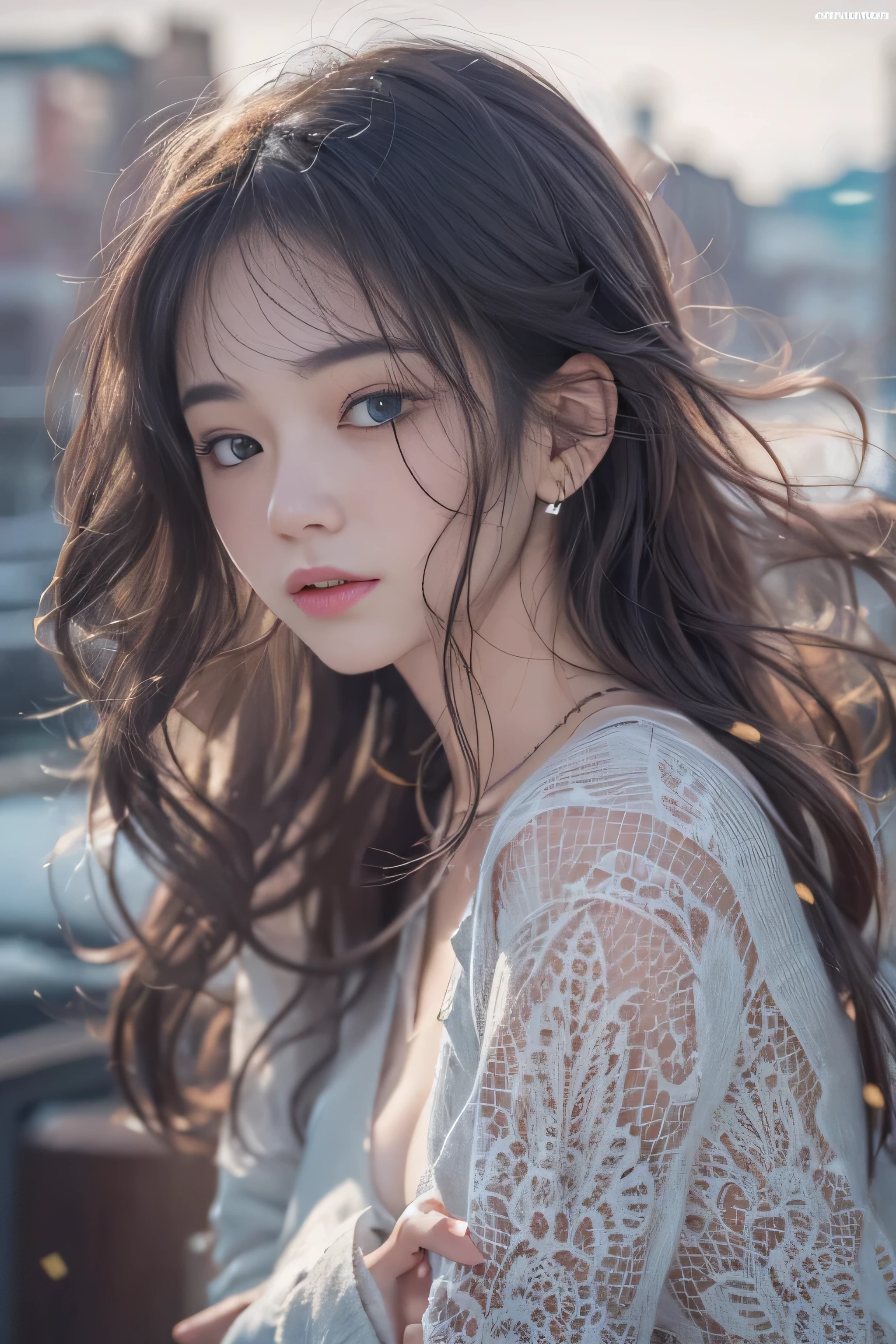 highest quality、High resolution、Super detailed、masterpiece、(Live shooting:1.5)、genuine:1.5、photogenuineistic:1.5、very delicate and beautiful、small details、1 female、Early 20s、(super beautiful)、(beautiful face:1.5)、(detailed face:1.5)、fine eyes、detailed lips、detailed nose、The blue night lasts until the end of the road、The sad night put me next to you、City lights are comets fluttering in the distance、I saw the wind on the other side of the pier、White sigh disappears into darkness、The freezing night carries me next to you、Stay by my side without saying anything