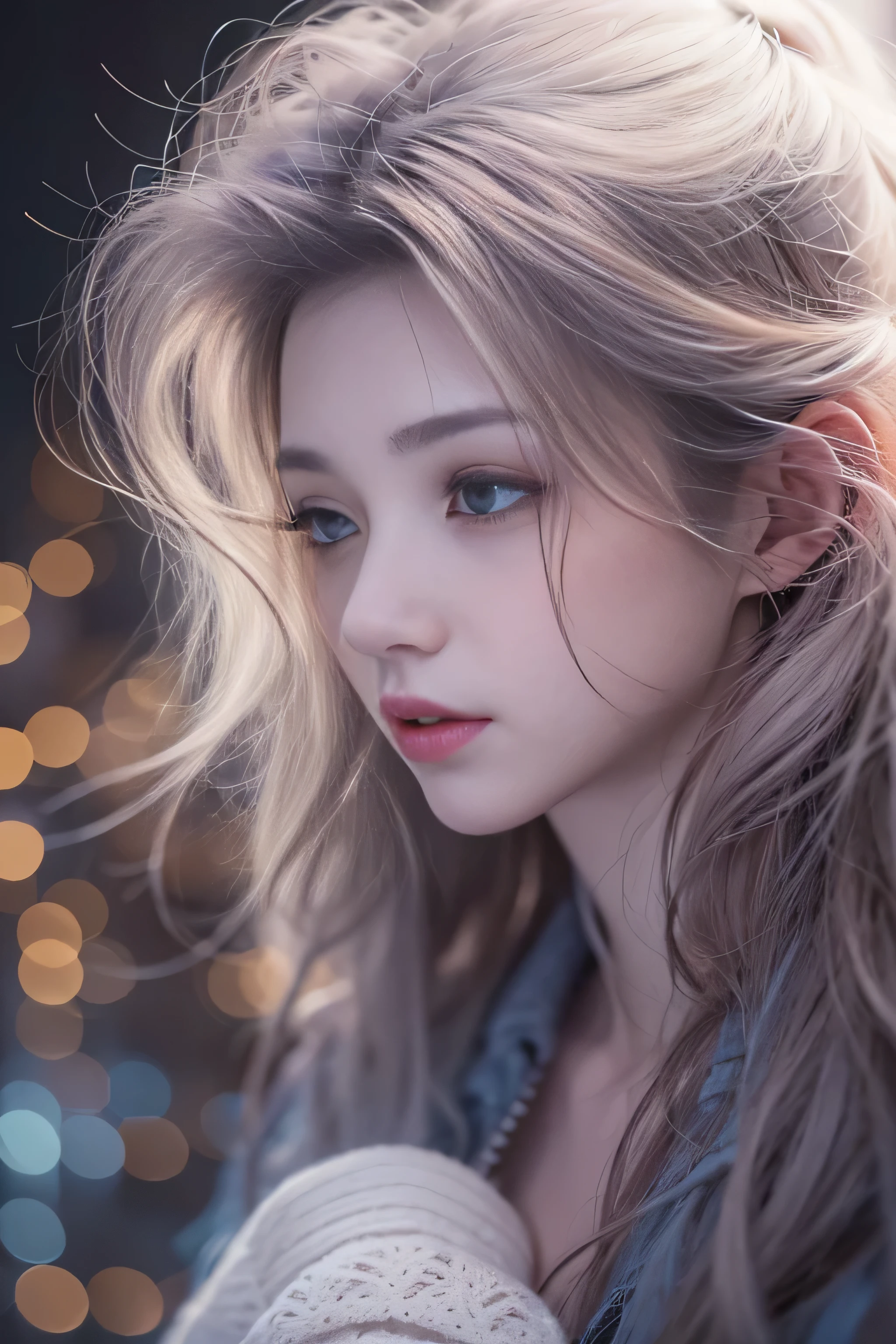 highest quality、High resolution、Super detailed、masterpiece、(Live shooting:1.5)、genuine:1.5、photogenuineistic:1.5、very delicate and beautiful、small details、1 female、Early 20s、(super beautiful)、(beautiful face:1.5)、(detailed face:1.5)、fine eyes、detailed lips、detailed nose、The blue night lasts until the end of the road、The sad night put me next to you、City lights are comets fluttering in the distance、I saw the wind on the other side of the pier、White sigh disappears into darkness、The freezing night carries me next to you、Stay by my side without saying anything