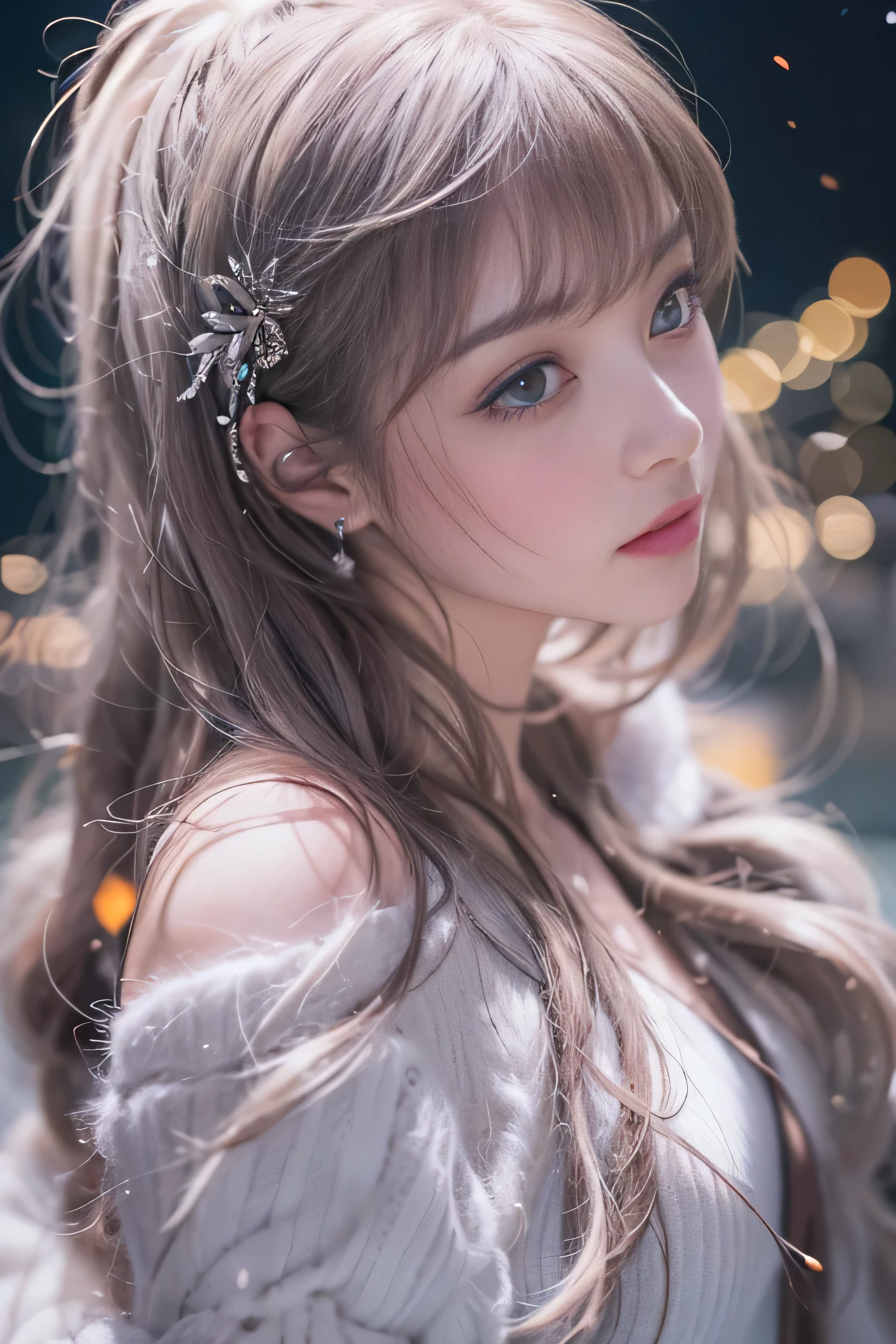 highest quality、High resolution、Super detailed、masterpiece、(Live shooting:1.5)、genuine:1.5、photogenuineistic:1.5、very delicate and beautiful、small details、1 female、Early 20s、(super beautiful)、(beautiful face:1.5)、(detailed face:1.5)、fine eyes、detailed lips、detailed nose、The blue night lasts until the end of the road、The sad night put me next to you、City lights are comets fluttering in the distance、I saw the wind on the other side of the pier、White sigh disappears into darkness、The freezing night carries me next to you、Stay by my side without saying anything