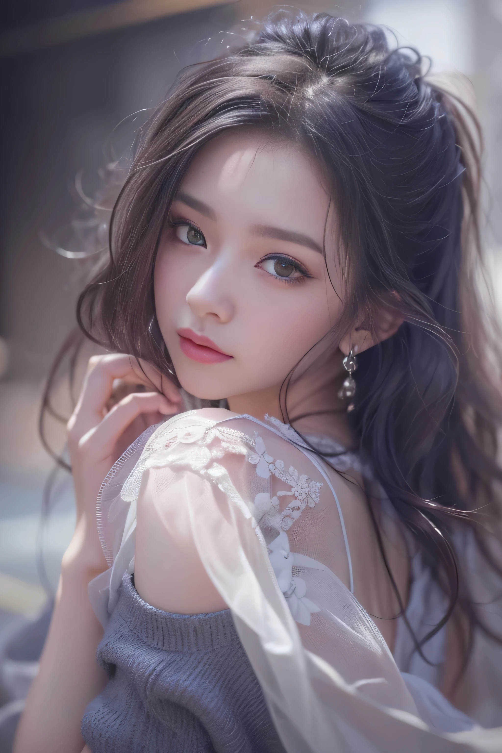 highest quality、High resolution、Super detailed、masterpiece、(Live shooting:1.5)、genuine:1.5、photogenuineistic:1.5、very delicate and beautiful、small details、1 female、Early 20s、(super beautiful)、(beautiful face:1.5)、(detailed face:1.5)、fine eyes、detailed lips、detailed nose、The blue night lasts until the end of the road、The sad night put me next to you、City lights are comets fluttering in the distance、I saw the wind on the other side of the pier、White sigh disappears into darkness、The freezing night carries me next to you、Stay by my side without saying anything