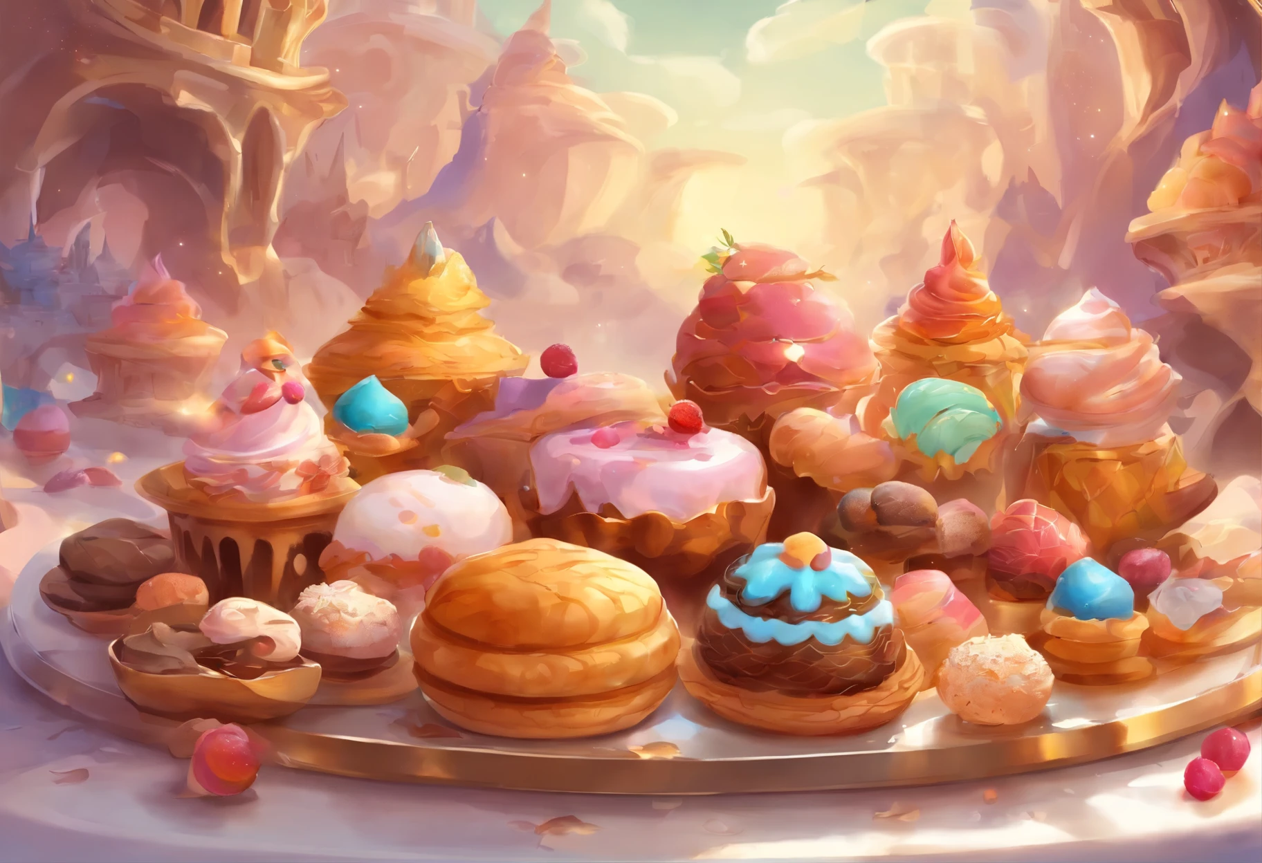 cookies、ice cream、cream puff、cheesecake、Canelé、chocolate truffles、macaroons、pancake、1200*600、masterpiece、highest quality