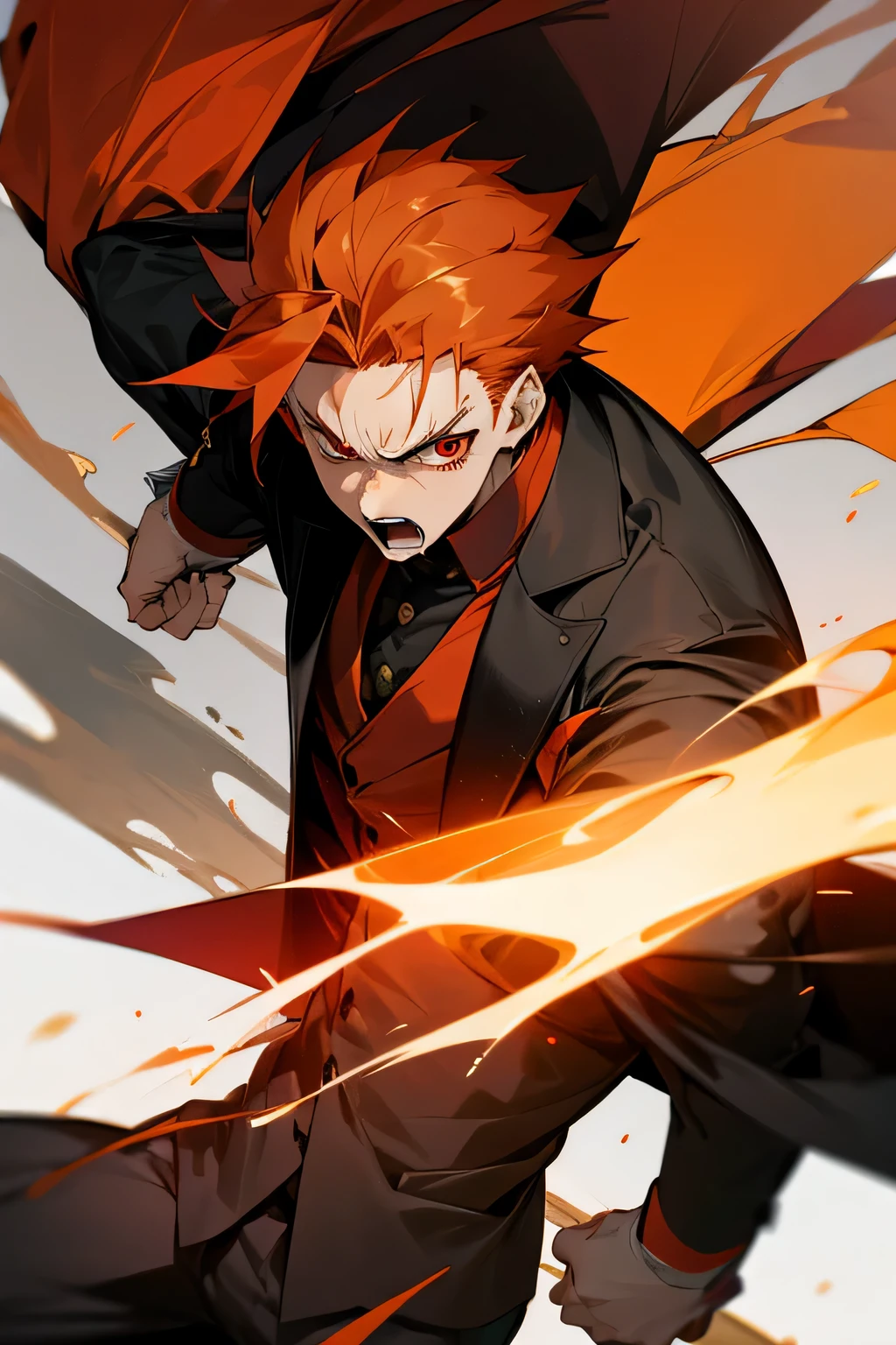 1male, fancy clothes, adult, male, red eyes, angry, orange hair, spikey hair,