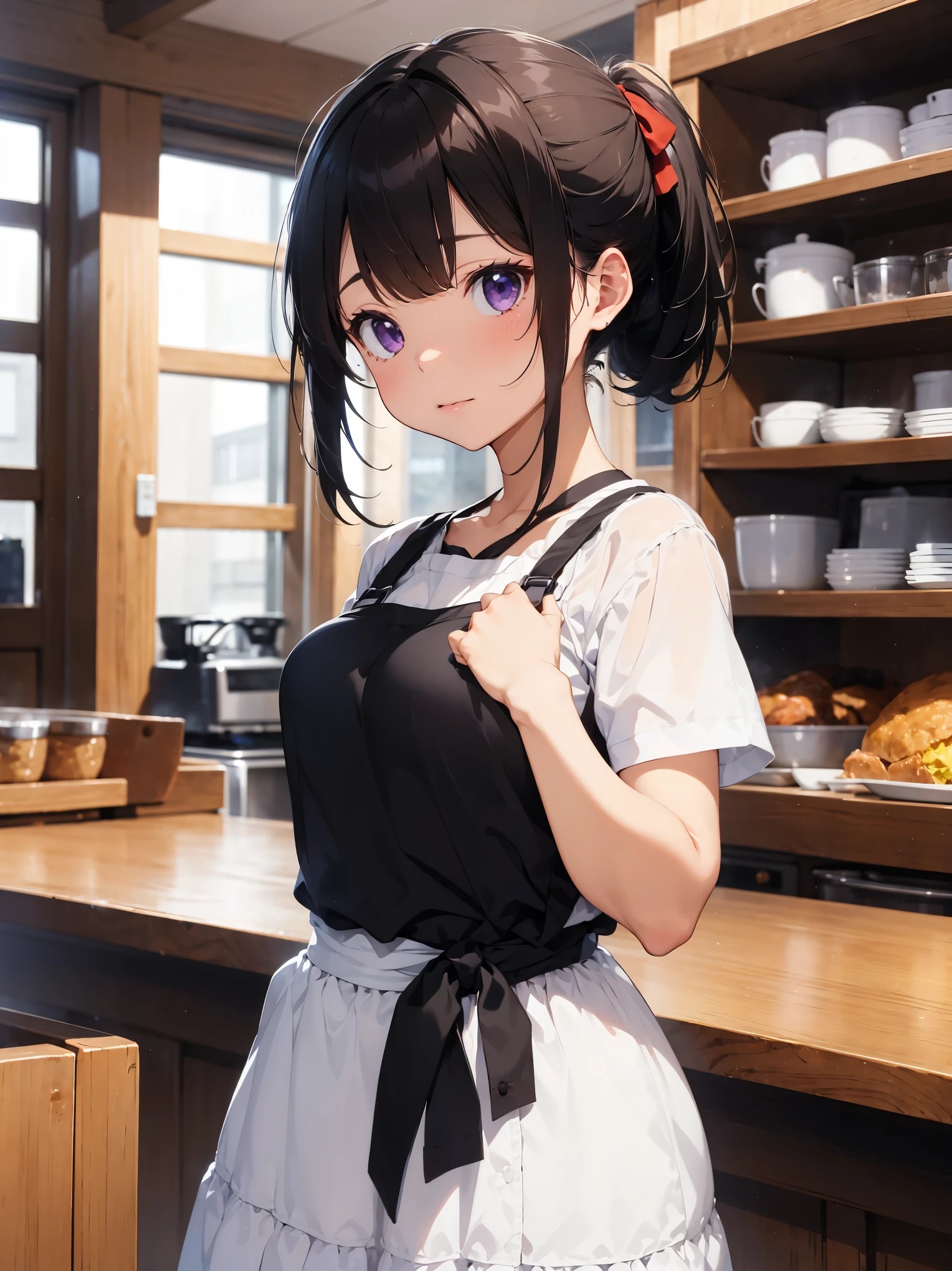 highest quality, 1 girl, adult, medium breasts, gray hair, medium hair, ponytail, light purple、eye, waitress, white shirt, blue skirt, blue ribbon, white apron, waist_apron, short_dispel