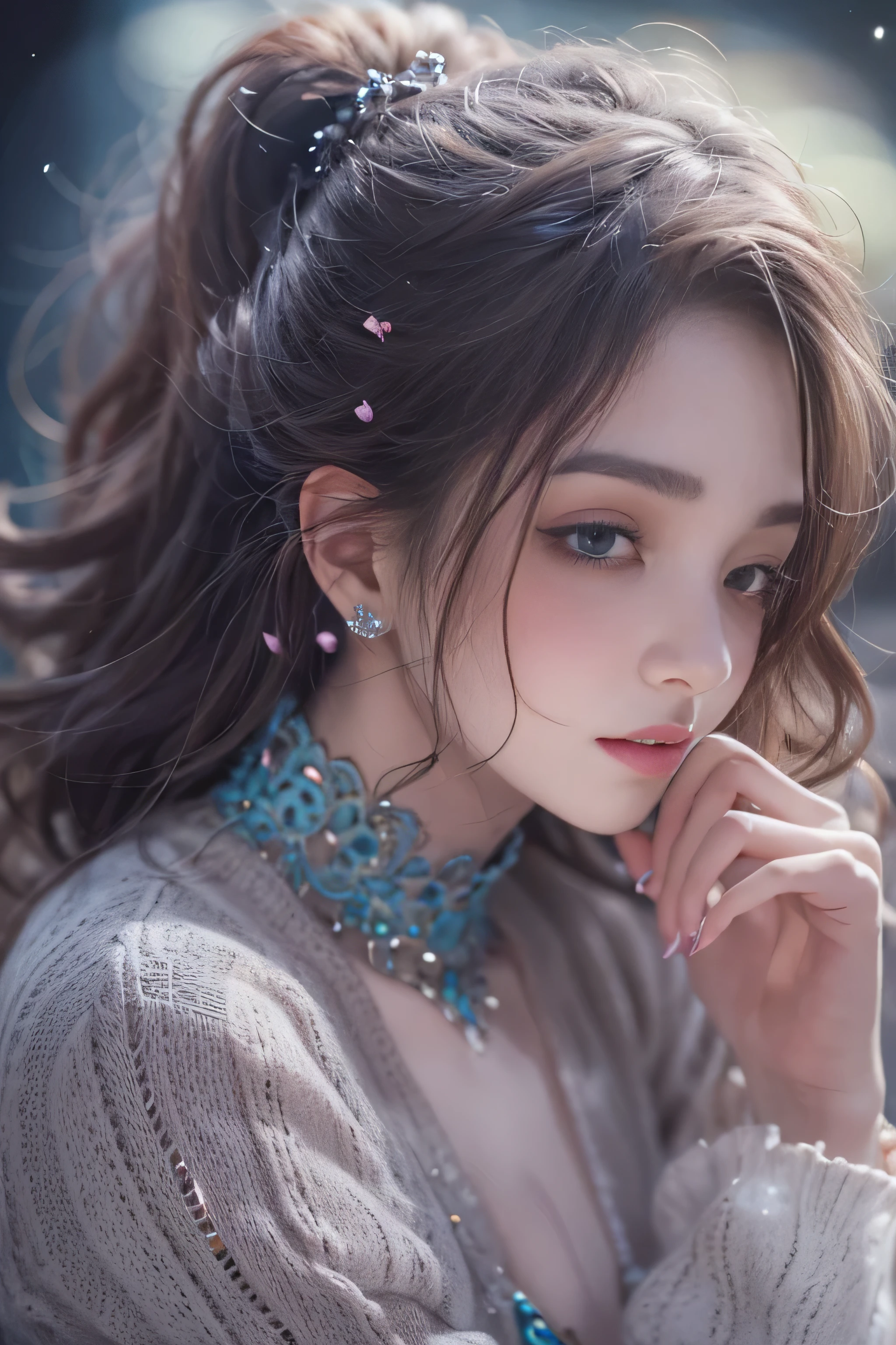 highest quality、High resolution、Super detailed、masterpiece、(Live shooting:1.5)、genuine:1.5、photogenuineistic:1.5、very delicate and beautiful、small details、1 female、Early 20s、(super beautiful)、(beautiful face:1.5)、(detailed face:1.5)、fine eyes、detailed lips、detailed nose、The blue night lasts until the end of the road、The sad night put me next to you、City lights are comets fluttering in the distance、I saw the wind on the other side of the pier、White sigh disappears into darkness、The freezing night carries me next to you、Stay by my side without saying anything