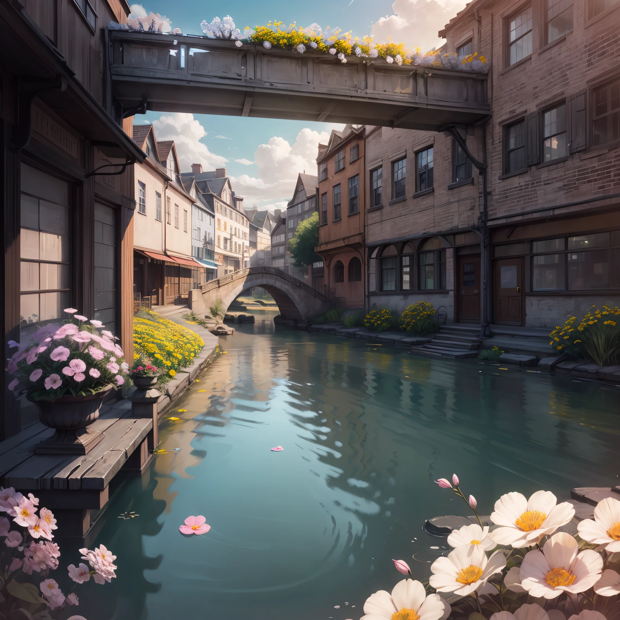 Game architectural design, cartoon, town, stone, brick, meadow, river, flowers, casual game style, 3d, blender, masterpiece, super detail, best quality