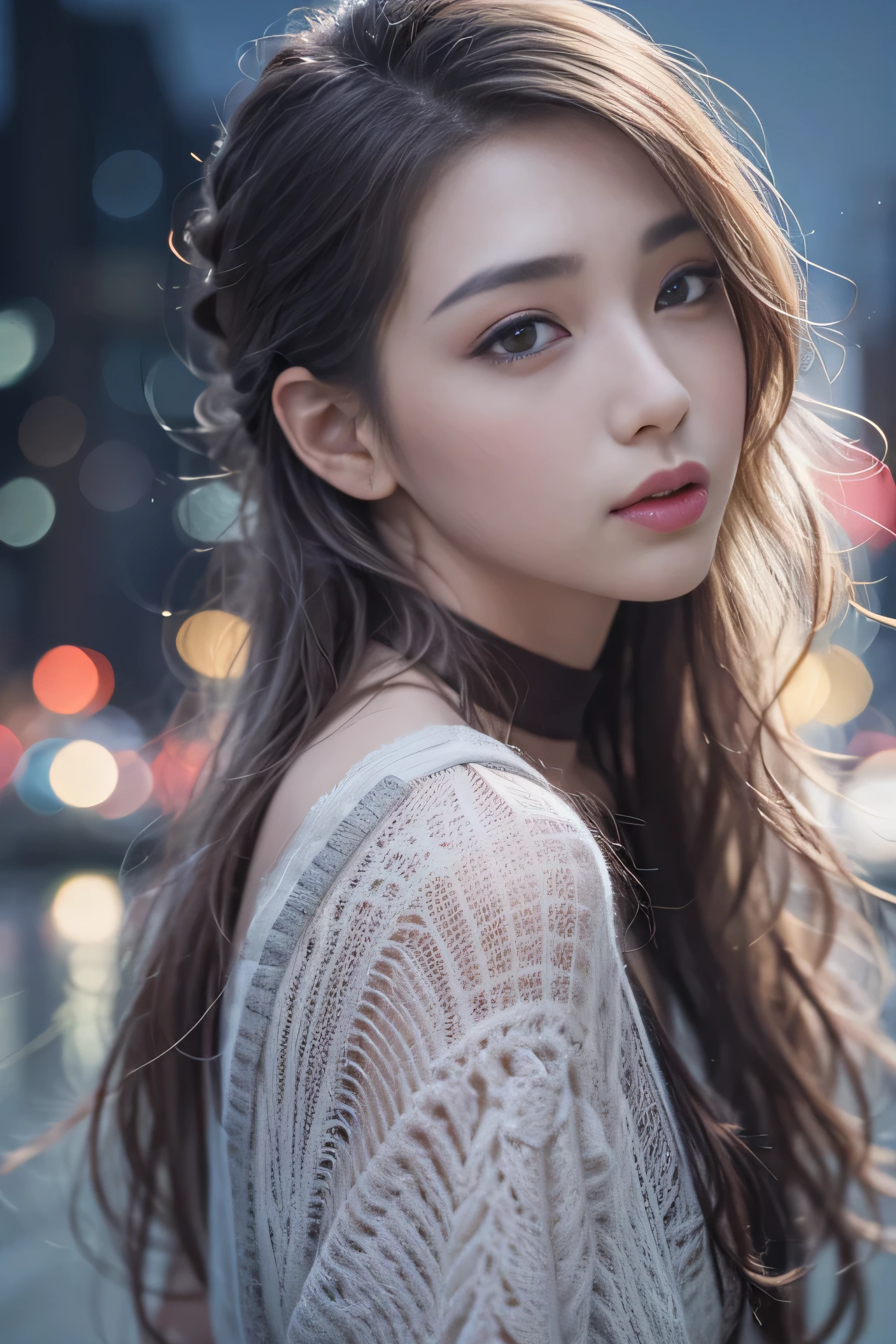 highest quality、High resolution、Super detailed、masterpiece、(Live shooting:1.5)、genuine:1.5、photogenuineistic:1.5、very delicate and beautiful、small details、1 female、Early 20s、(super beautiful)、(beautiful face:1.5)、(detailed face:1.5)、fine eyes、detailed lips、detailed nose、The blue night lasts until the end of the road、The sad night put me next to you、City lights are comets fluttering in the distance、I saw the wind on the other side of the pier、White sigh disappears into darkness、The freezing night carries me next to you、Stay by my side without saying anything