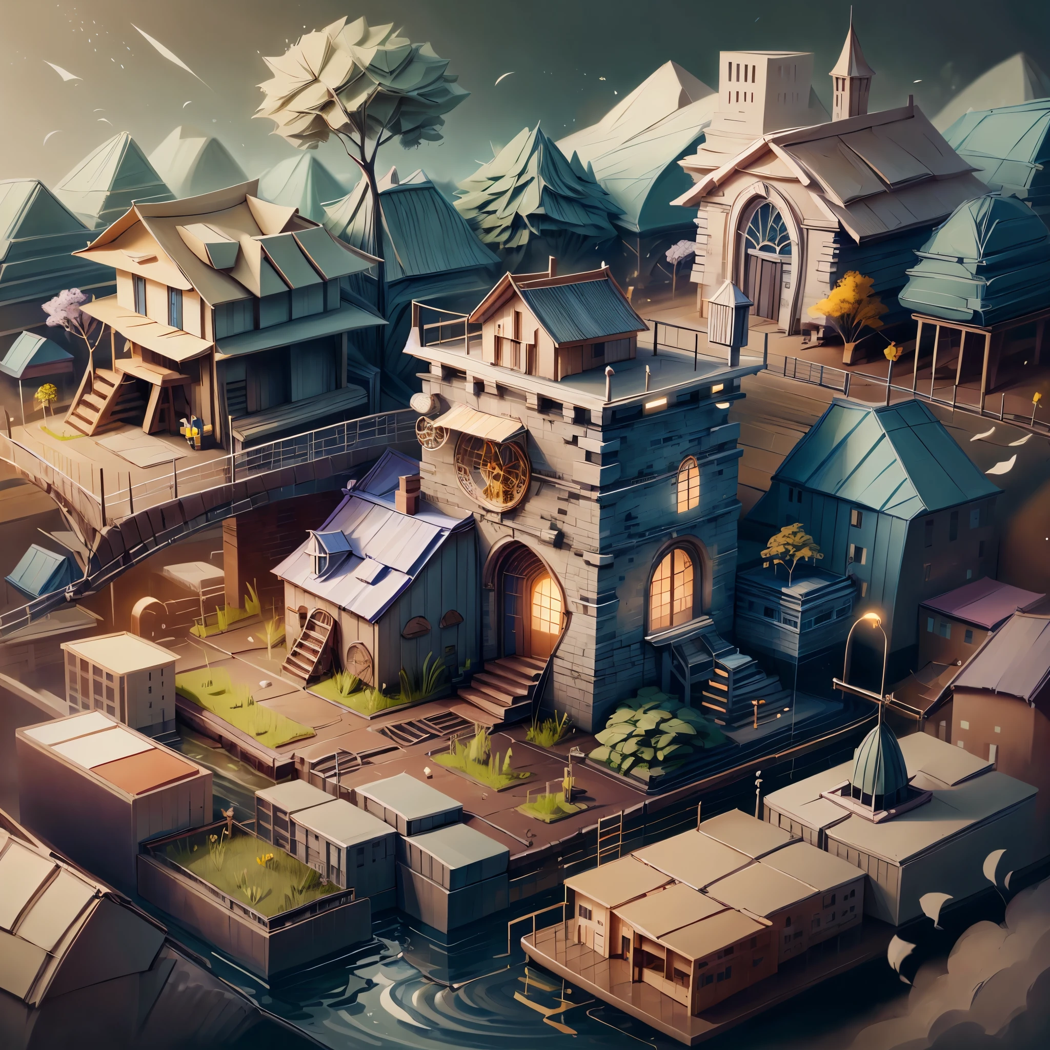 Game architectural design, cartoon, town, stone, brick, meadow, river, flowers, casual game style, 3d, blender, masterpiece, super detail, best quality