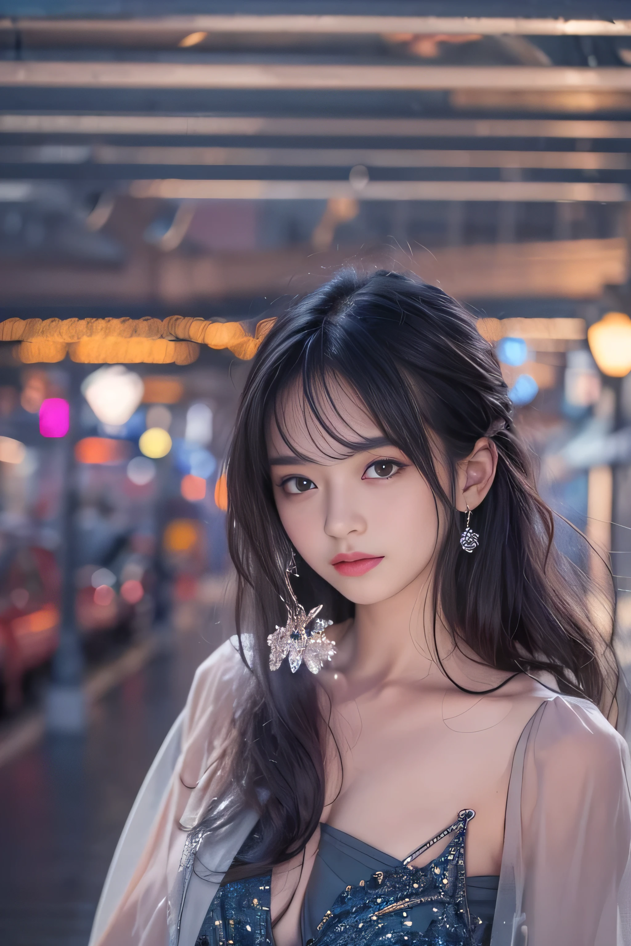 highest quality、High resolution、Super detailed、masterpiece、(Live shooting:1.5)、genuine:1.5、photogenuineistic:1.5、very delicate and beautiful、small details、1 female、Early 20s、(super beautiful)、(beautiful face:1.5)、(detailed face:1.5)、fine eyes、detailed lips、detailed nose、The blue night lasts until the end of the road、The sad night put me next to you、City lights are comets fluttering in the distance、I saw the wind on the other side of the pier、White sigh disappears into darkness、The freezing night carries me next to you、Stay by my side without saying anything