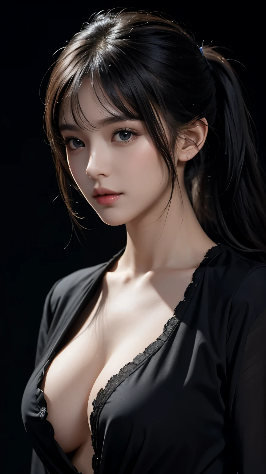 Best Quality, Masterpiece, Perfect Body Beauty, cinematic lighting, black shirt, Highly detailed face and skin texture, Detailed eyes, perfect face, looking at viewer, ((Dark background)), open mouse, straight Bangs,  ((Exposed cleavage)), pony tail,