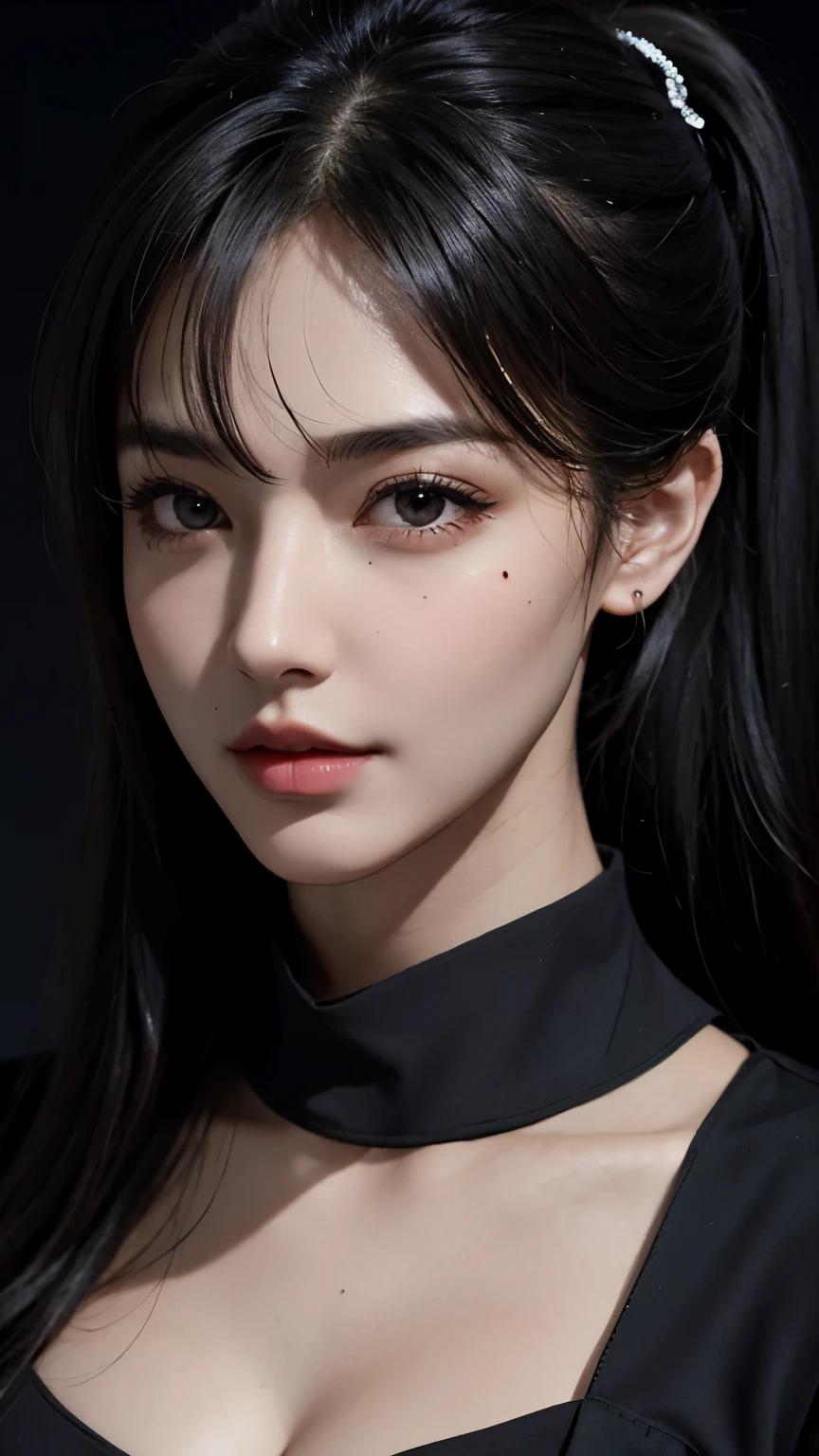 Best Quality, Masterpiece, Perfect Body Beauty, cinematic lighting, black shirt, Highly detailed face and skin texture, Detailed eyes, perfect face, looking at viewer, ((Dark background)), open mouse, straight Bangs,  ((Exposed cleavage)), pony tail, ((mole:1.2))
