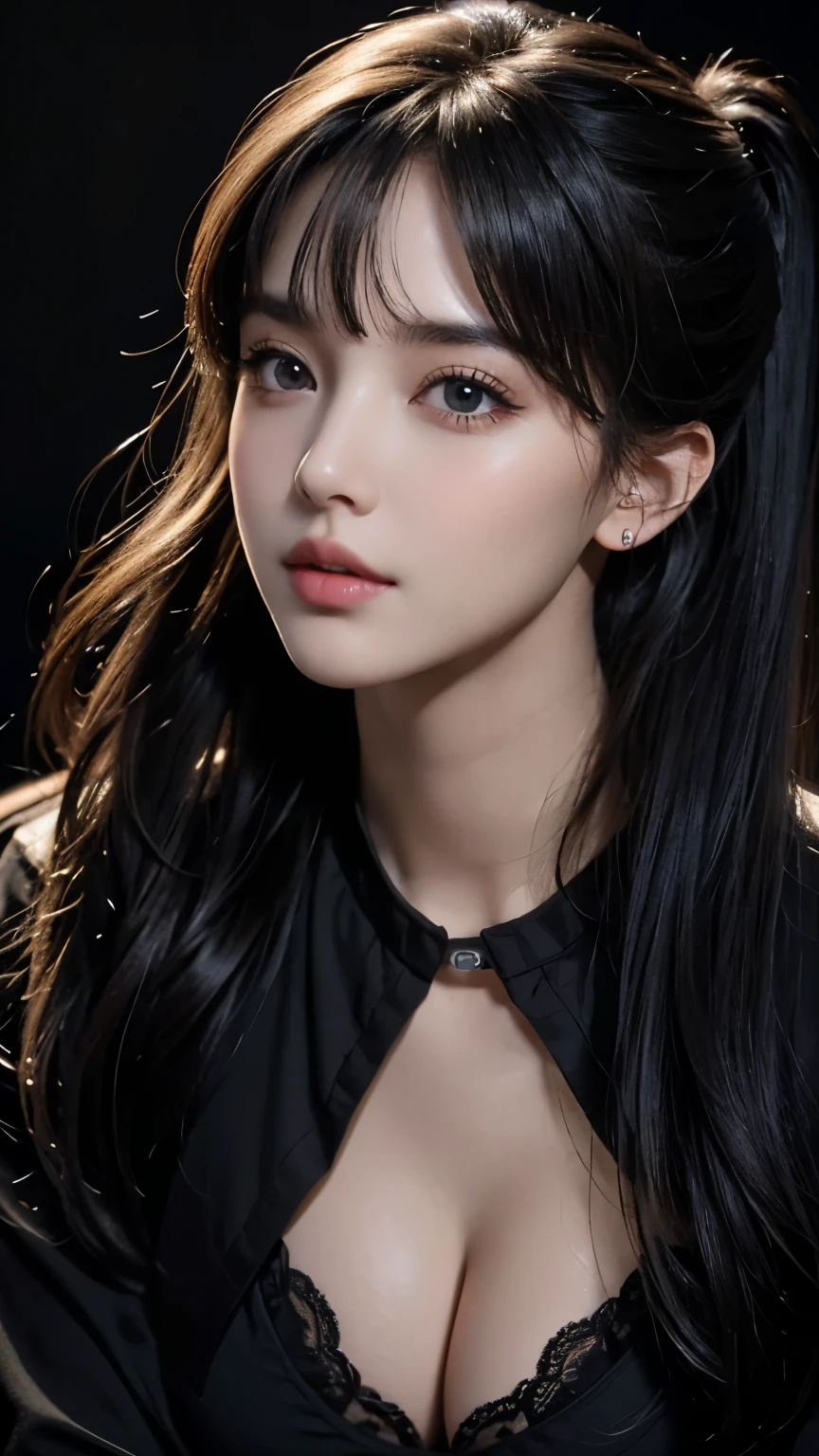 Best Quality, Masterpiece, Perfect Body Beauty, cinematic lighting, black shirt, Highly detailed face and skin texture, Detailed eyes, perfect face, looking at viewer, ((Dark background)), open mouse, straight Bangs, ((Exposed cleavage)), pony tail,