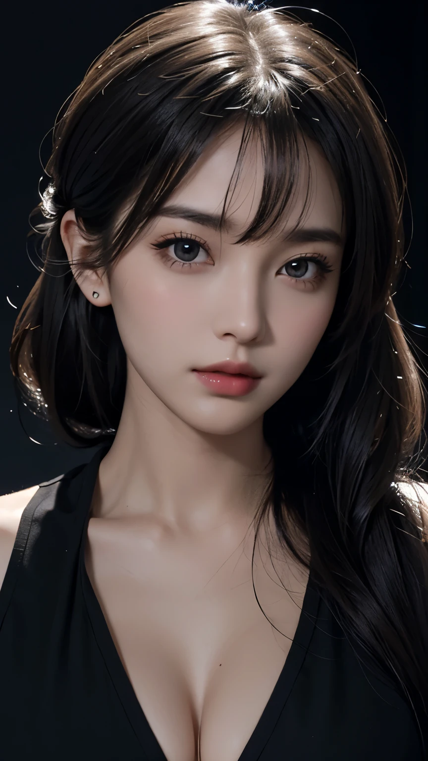 Best Quality, Masterpiece, Perfect Body Beauty, cinematic lighting, black shirt, Highly detailed face and skin texture, Detailed eyes, perfect face, looking at viewer, ((Dark background)), open mouse, straight Bangs, ((Exposed cleavage)), pony tail,
