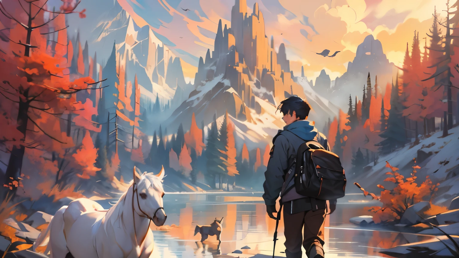 14 years old one boy slim and tall holding one Squirrel, walking with one dog, one white horse standing close by, one boy holding one squirrel, walking with one Dog and one White horse, mountains with a valley and a river in the foreground, beautiful art uhd 4 k, ryan dyar, ross tran. scenic background, 4k highly detailed digital art, 4k hd matte digital painting, jessica rossier color scheme, inspired by sylvain sarrailh, an epic landscape, by sylvain sarrailh, fantasy art landscape, beautiful concept art. The slim and tall 14 years old one boy's smile is the focal point of the scene. 14 years old one boy, one Squirrel, one dog, one white horse --seed 2063584062
