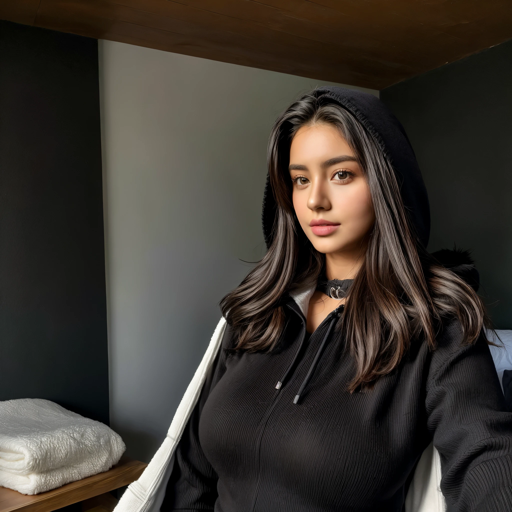 (add_detail:1) (Female 19 years old), Solo, pelo largo, tetas colosales, (CUERPO ENTERO EN FOTO)  (BIG TITS (add_detail:1) (ropa de nieve parka) mujer china mirando al espectador, pelo rubio, hombros descubiertos, Brown eyes, joya, cuerpo completo, un collar, fuera de los hombros, Sweaters, Realista, Sexy 8k, big tits, piel blanca, no bronceada, big tits, (LINGERIE negro) (ropa color negro) (fondo negro liso) pared negra , en chalet, de noche, luz artificial.