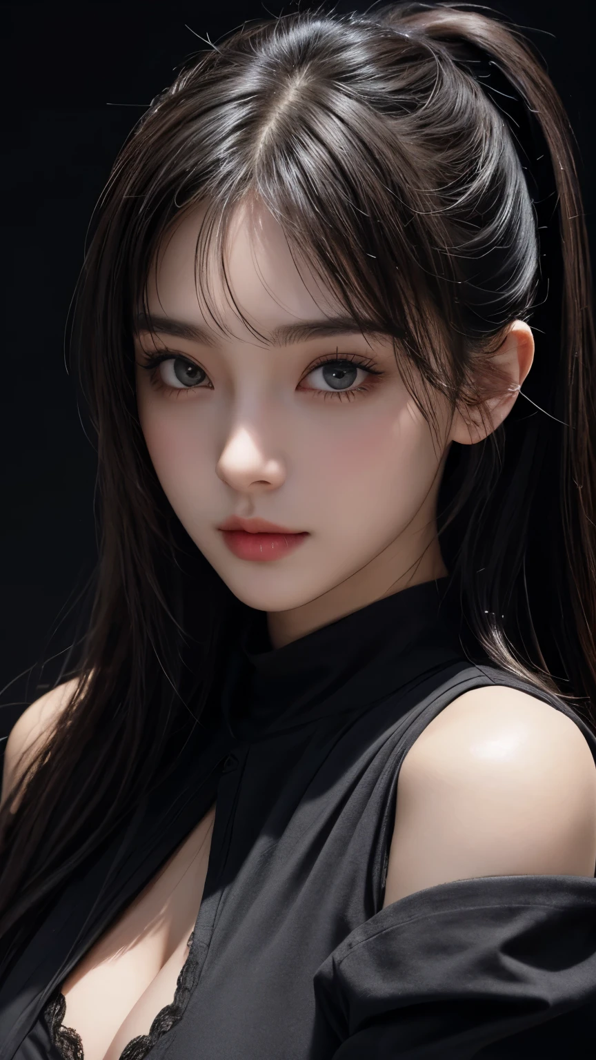 Best Quality, Masterpiece, Perfect Body Beauty, cinematic lighting, black shirt, Highly detailed face and skin texture, Detailed eyes, perfect face, looking at viewer, ((Dark background)), open mouse, straight Bangs,  ((Exposed cleavage)), pony tail,