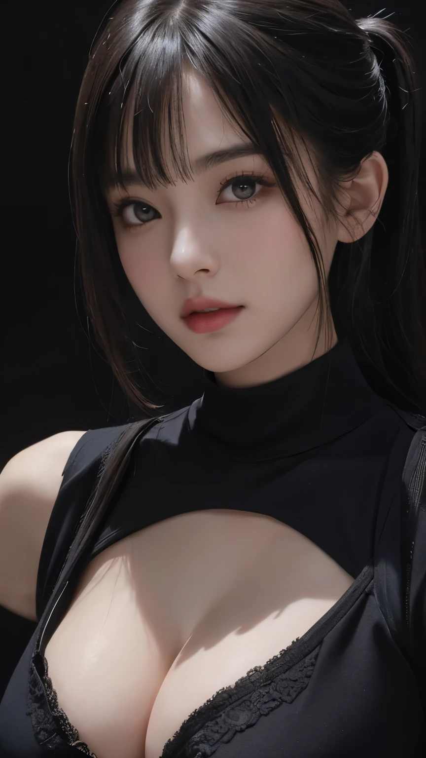 Best Quality, Masterpiece, Perfect Body Beauty, cinematic lighting, black shirt, Highly detailed face and skin texture, Detailed eyes, perfect face, looking at viewer, ((Dark background)), open mouse, straight Bangs,  ((Exposed cleavage)), pony tail,