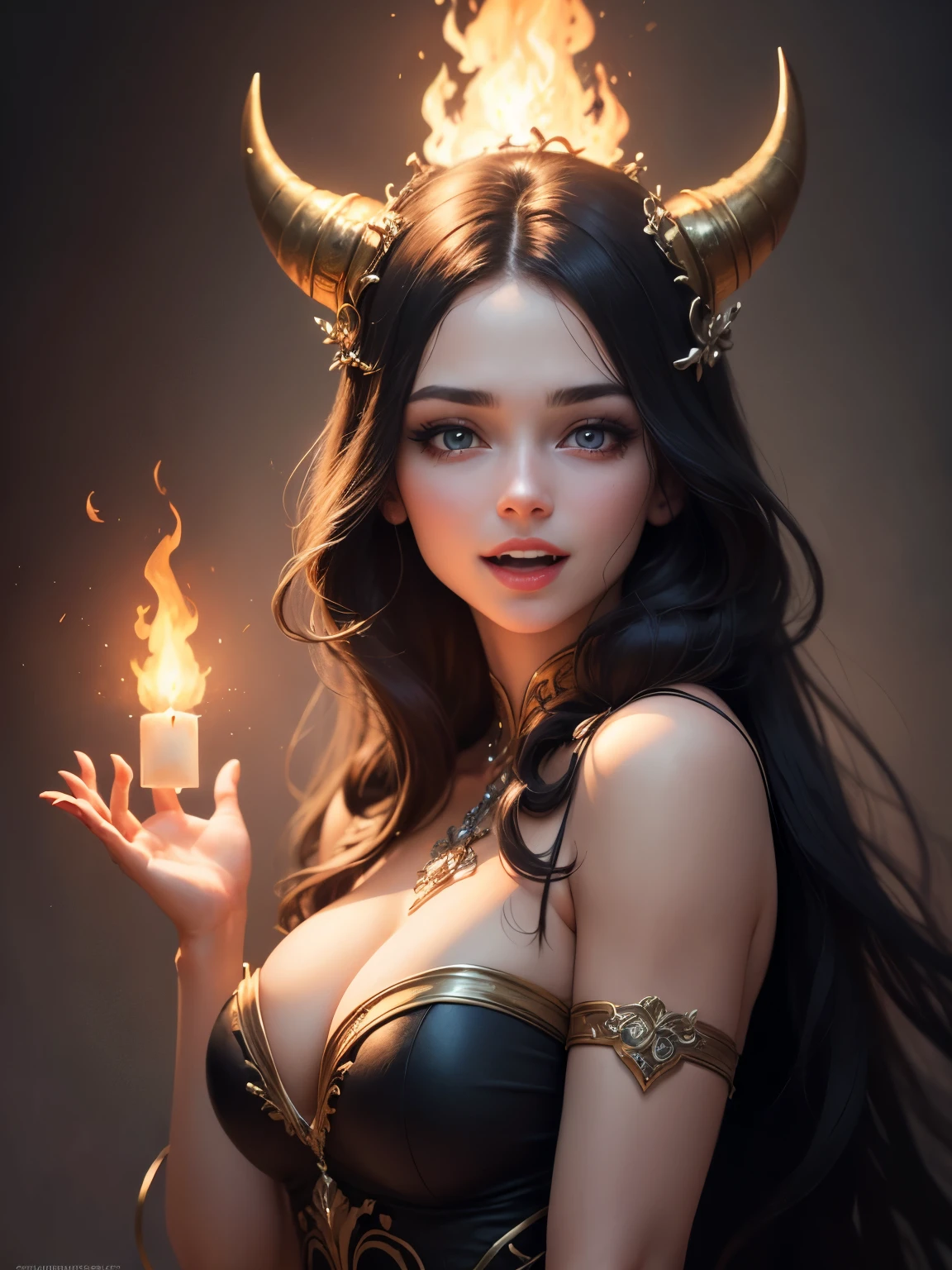 (best quality, 4k, 8k, highres, masterpiece:1.2),ultra-detailed,detailed face,realistic,Lotan beautiful caucasian woman with straight long black hair,blue eyes,flustered expression,very long hair,colored inner hair,fair skin,voluptuous,detailed lips and eyes,expressive face,attractive appearance,dragon horns on the head,Dance of a fire nymph, flames in rhythmic motion, vivaciously radiant, magical fire-lit realm, warm, flickering firelight, joyfully energetic, crafted in the style of Brian Froud, digital fantasy art, vibrant colors,
BREAK detailed perfect fingers, perfect fingers, detailed perfect hands, perfect hands, detailed perfect face, perfect face, happy, smile, open mouth, tall female