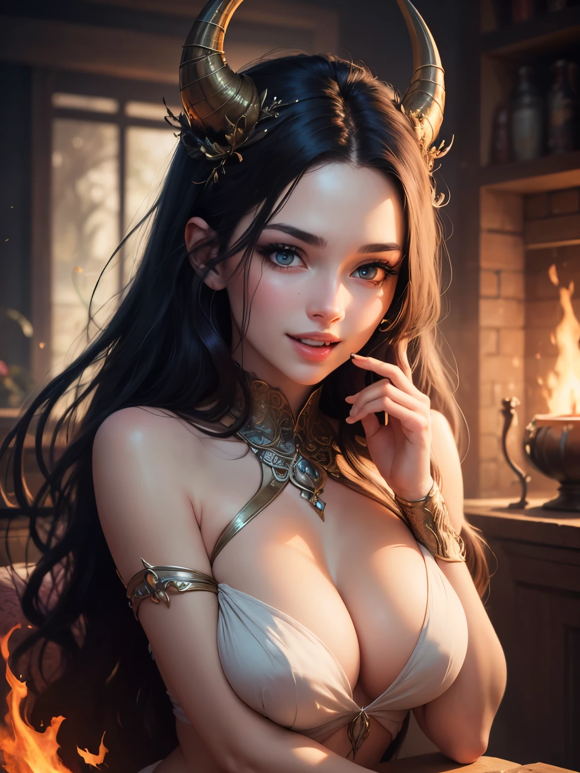 (best quality, 4k, 8k, highres, masterpiece:1.2),ultra-detailed,detailed face,realistic,Lotan beautiful caucasian woman with straight long black hair,blue eyes,flustered expression,very long hair,colored inner hair,fair skin,voluptuous,detailed lips and eyes,expressive face,attractive appearance,dragon horns on the head,Dance of a fire nymph, flames in rhythmic motion, vivaciously radiant, magical fire-lit realm, warm, flickering firelight, joyfully energetic, crafted in the style of Brian Froud, digital fantasy art, vibrant colors,
BREAK detailed perfect fingers, perfect fingers, detailed perfect hands, perfect hands, detailed perfect face, perfect face, happy, smile, open mouth, tall female