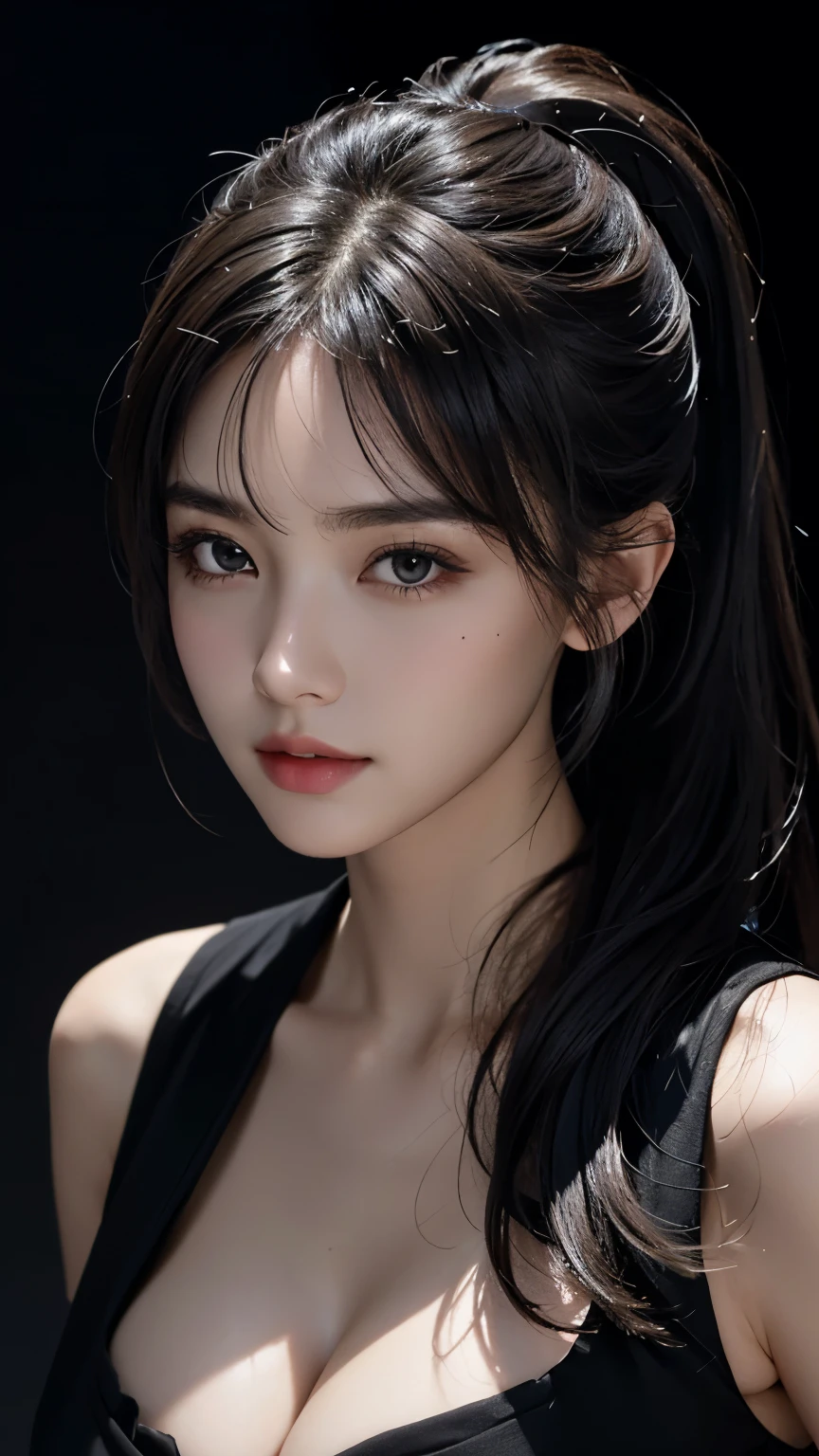 Best Quality, Masterpiece, Perfect Body Beauty, cinematic lighting, black shirt, Highly detailed face and skin texture, Detailed eyes, perfect face, looking at viewer, ((Dark background)), open mouse, straight Bangs,  ((Exposed cleavage)), pony tail, mole,