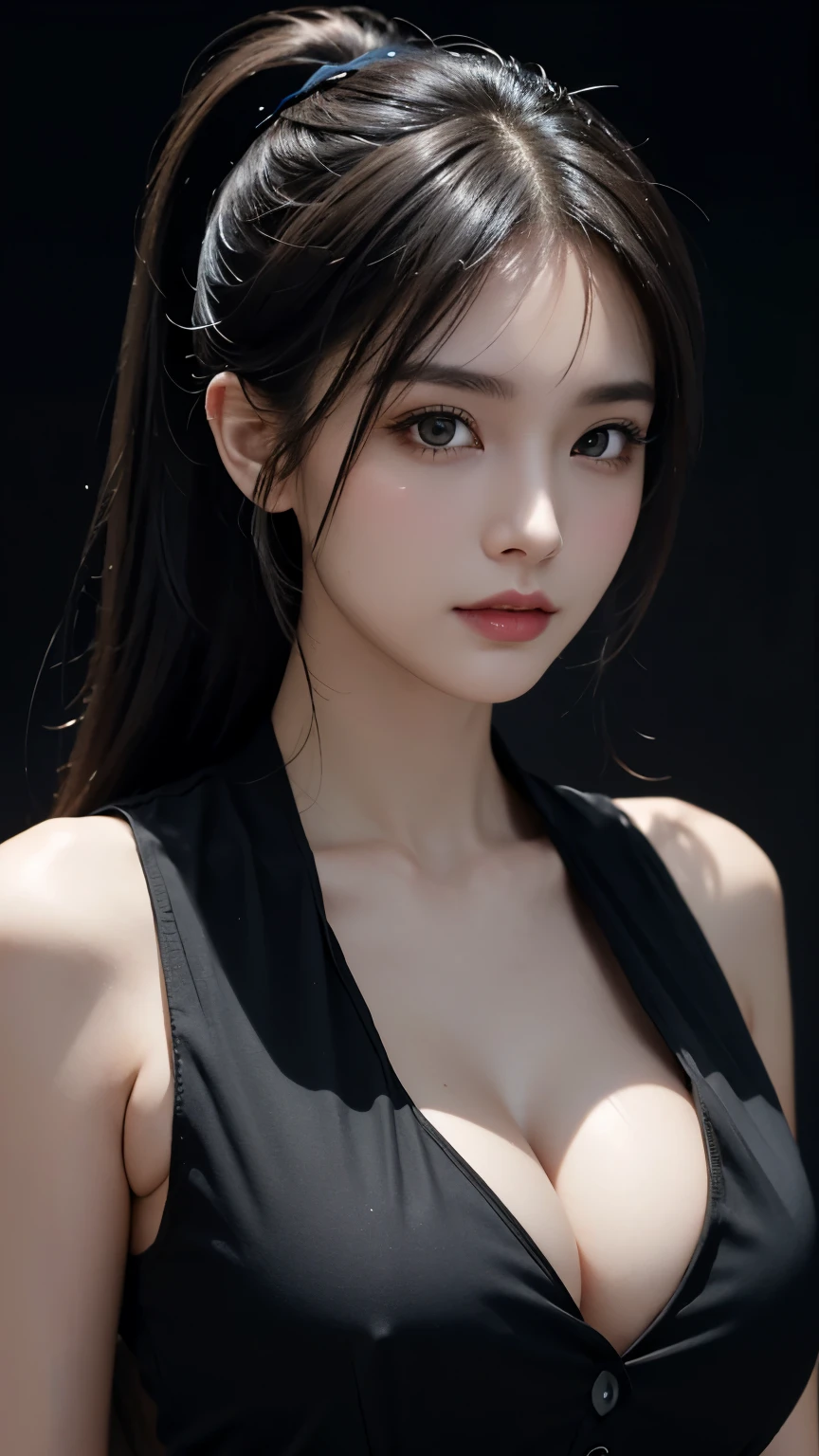 Best Quality, Masterpiece, Perfect Body Beauty, cinematic lighting, black shirt, Highly detailed face and skin texture, Detailed eyes, perfect face, looking at viewer, ((Dark background)), open mouse, straight Bangs, ((Exposed cleavage)), pony tail,
