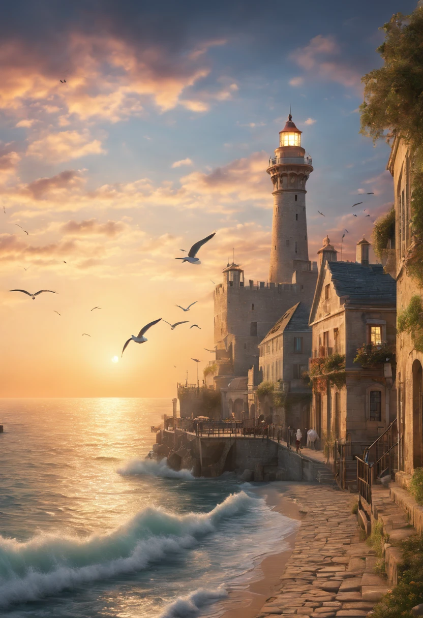 (an ancient city at sunset, beach view, sea castle),(best quality,4k,8k,highres,masterpiece:1.2),ultra-detailed,(realistic,photorealistic,photo-realistic:1.37),surreal,impressionistic,romantic lighting,soft pastel colors,lush foliage,dramatic sky,serene atmosphere,people strolling on the beach,seagulls flying in the distance,cobblestone streets,narrow alleys,weathered buildings,tall city walls,medieval architecture,arches and columns,ornate balconies,shadows and reflections,distant silhouette of a lighthouse,tranquil waves gently crashing on the shore,boat sailing on the horizon,emerging moon on the sky,peaceful ambiance,magic hour beauty.