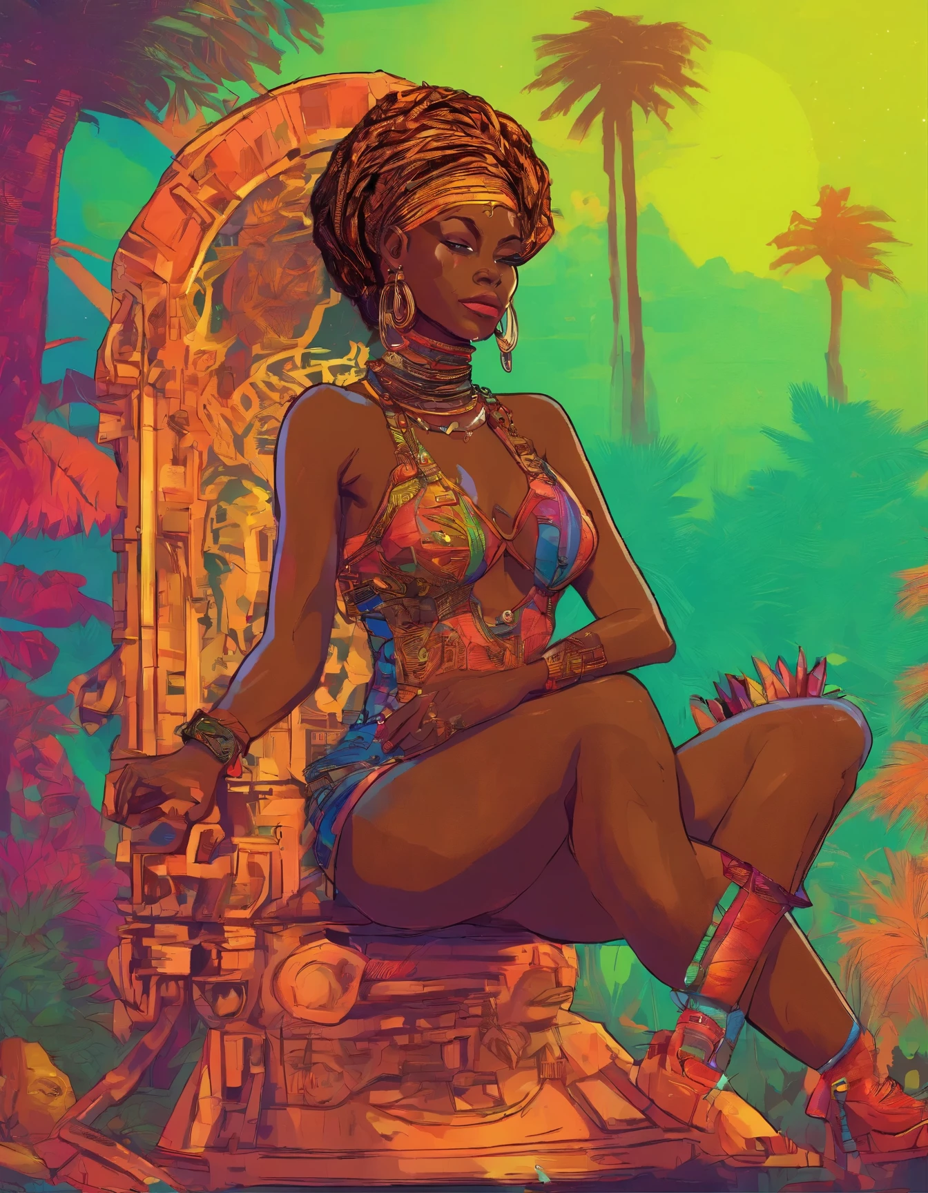 ((Benevolent ((dark-skinned Haitian)) goddess)) sitting in an (ornate skull-themed wooden throne) with her wearing cashmere knee high socks while reading an ancient tome, (hair tied up with Haitian flag design bandana), mystic tattoos on arms and legs, (wearing golden bracelets and anklets), plump thighs, high quality photo, sitting in the middle of the (dense ripe mango tree forest) during golden hour, visible stretch marks and cellulite
