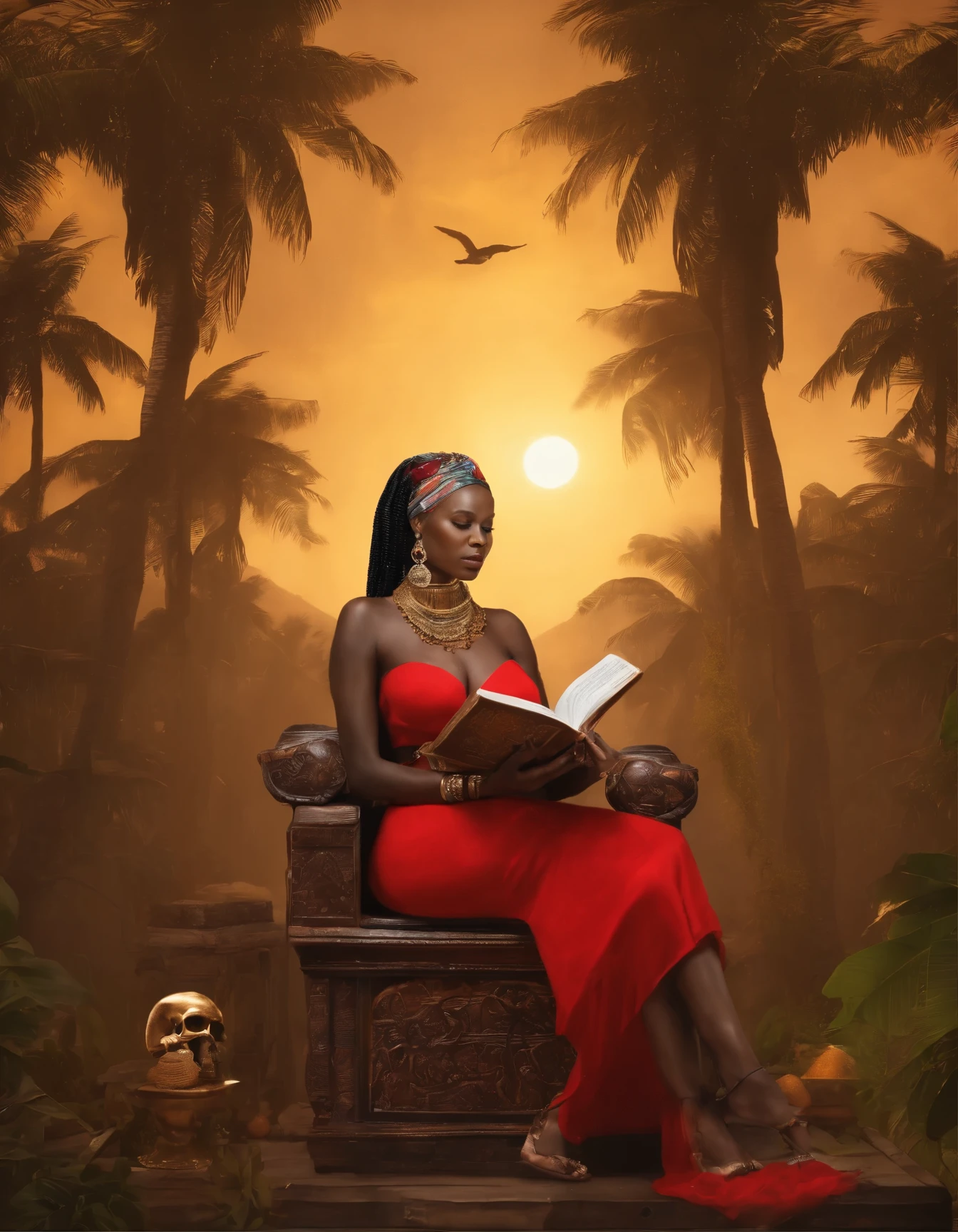 ((Benevolent ((dark-skinned Haitian)) goddess)) sitting in an (ornate skull-themed wooden throne) with her wearing cashmere knee high socks while reading an ancient tome, (hair tied up with Haitian flag design bandana), mystic tattoos on arms and legs, (wearing golden bracelets and anklets), plump thighs, high quality photo, sitting in the middle of the (dense ripe mango tree forest) during golden hour, visible stretch marks and cellulite