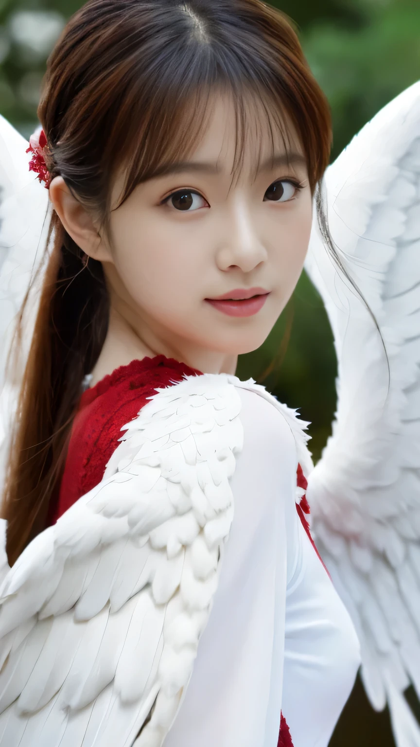 Angel Beauty、High resolution、High resolutionであり、(masutepiece:1.4)、hyper detail、actress details、red clothes and white wings、fly in the sky(1.8) The background is wild、