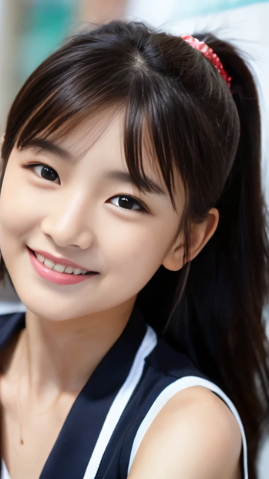 High-definition images，Cheerleader、Smile on a cute face、Cheerleader、Cheerleaderの制服、((((masterpiece)))、(((highest quality)))、((Super detailed))、(shape)、((very delicate and beautiful))、(best shadow)、1 girl、black hair、long hair、cute、cute、change、highlight spots on the eyes、character focus、head tilt、Full-body high-resolution image