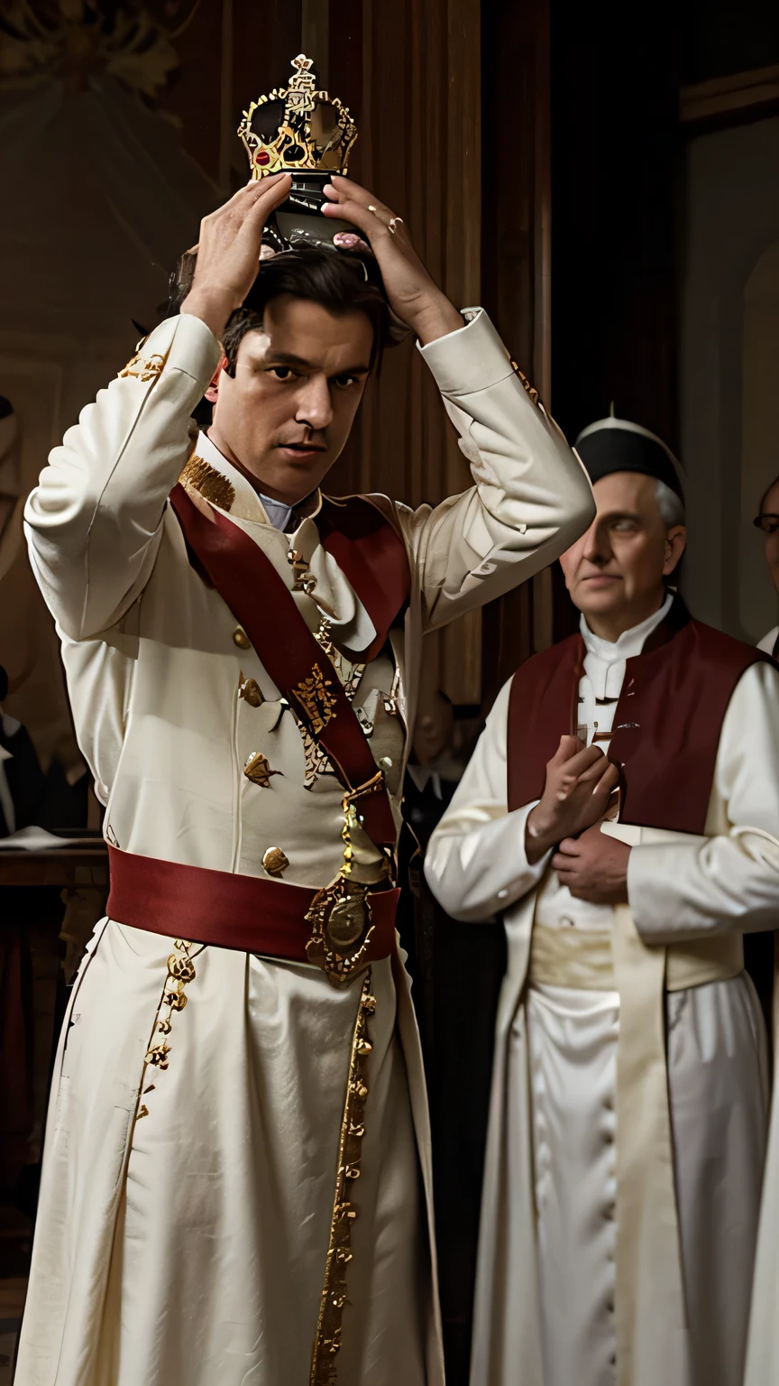 Ein Bild von Napoleon, der selbstbewusst dasteht, holding the crown over his own head, mit dem Papst, der im Hintergrund schockiert aussieht.