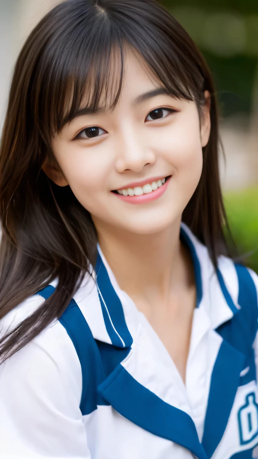 High-definition images，Cheerleader、Smile on a cute face、Cheerleader、Cheerleaderの制服、((((masterpiece)))、(((highest quality)))、((Super detailed))、(shape)、((very delicate and beautiful))、(best shadow)、1 girl、black hair、long hair、cute、cute、change、highlight spots on the eyes、character focus、head tilt、Full-body high-resolution image