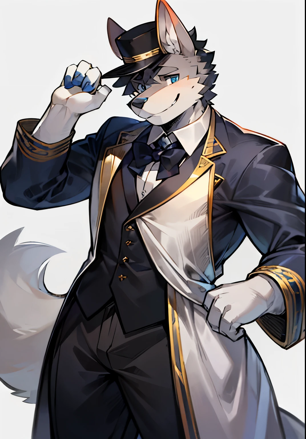 panoramic, Character Focus Solo, Bright Eyes, big tail, male grey fur, grey, hairy, hairy male dog,, Side head, smiling, blue eyes, teenager, one meter seven, Handsome, young style,white dress,Hat