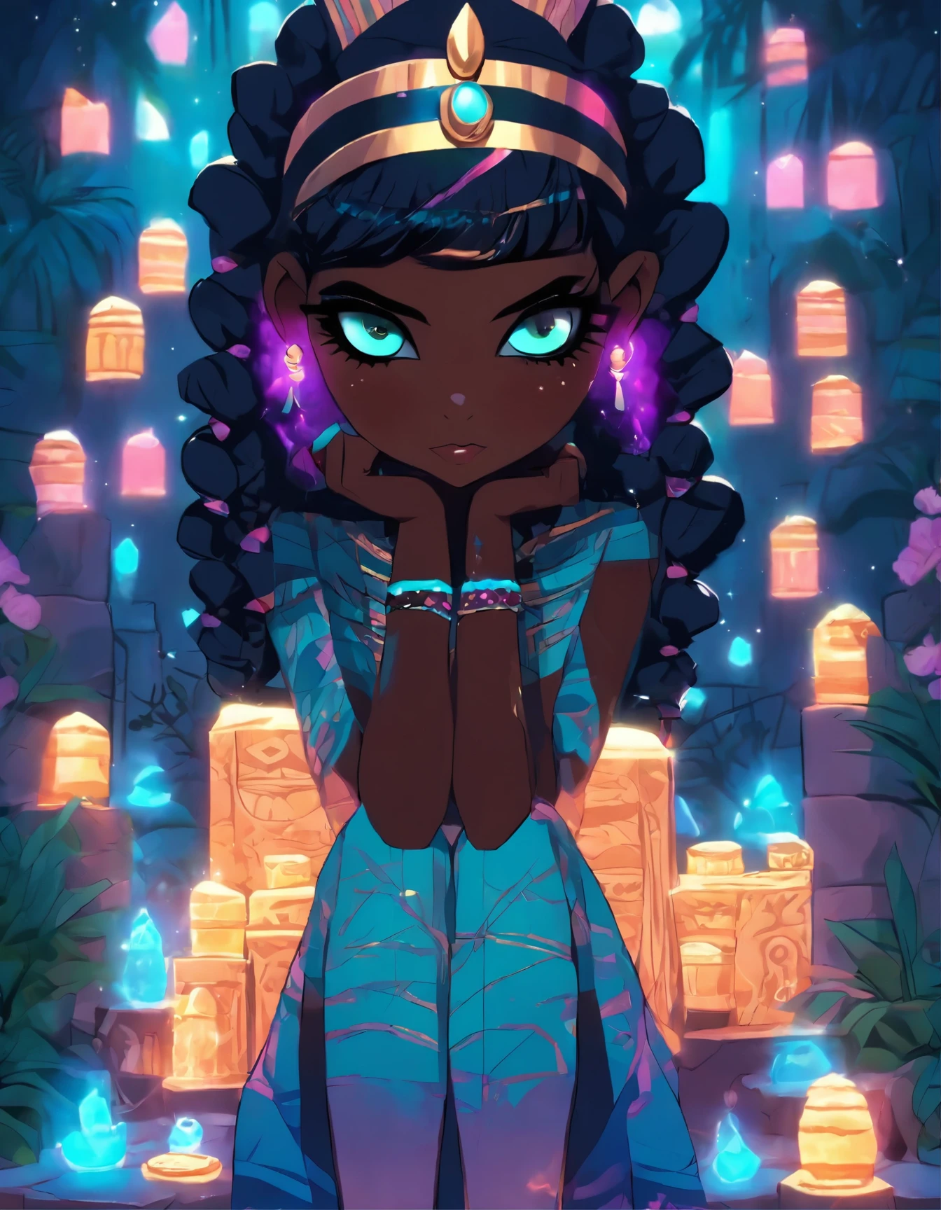 ((Benevolent ((dark-skinned Egyptian)) ((pastel goth)) goddess)) with braided hairstyle sitting in an opulent throne while holding box of cookies, wearing a beautiful pastel lace top revealing dainty navel piercing, mystic flash tattoos on arms and legs, (wearing intricate jewelry and bracelets) and tight thigh high stockings, plump thighs, cookie boxes and candy wrappers on floor, high quality photo, sitting in the middle of (dense cannabis sativa forest) during golden hour,