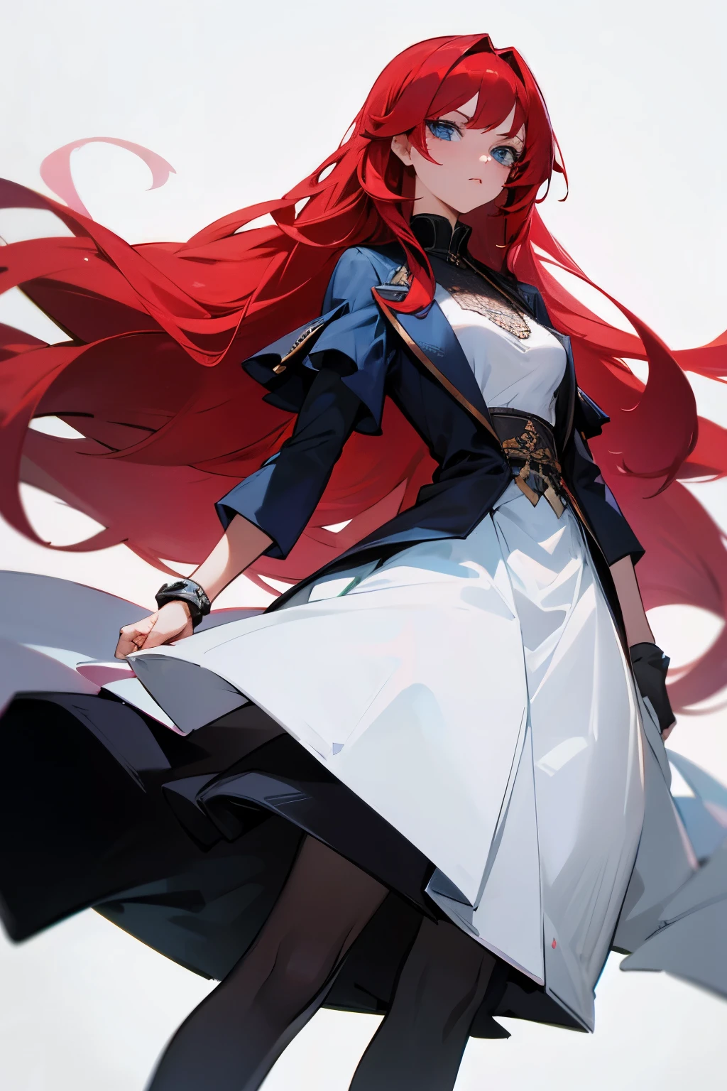 1female, fancy clothes, adult, female, blue eyes, blank expression , red hair, long hair,