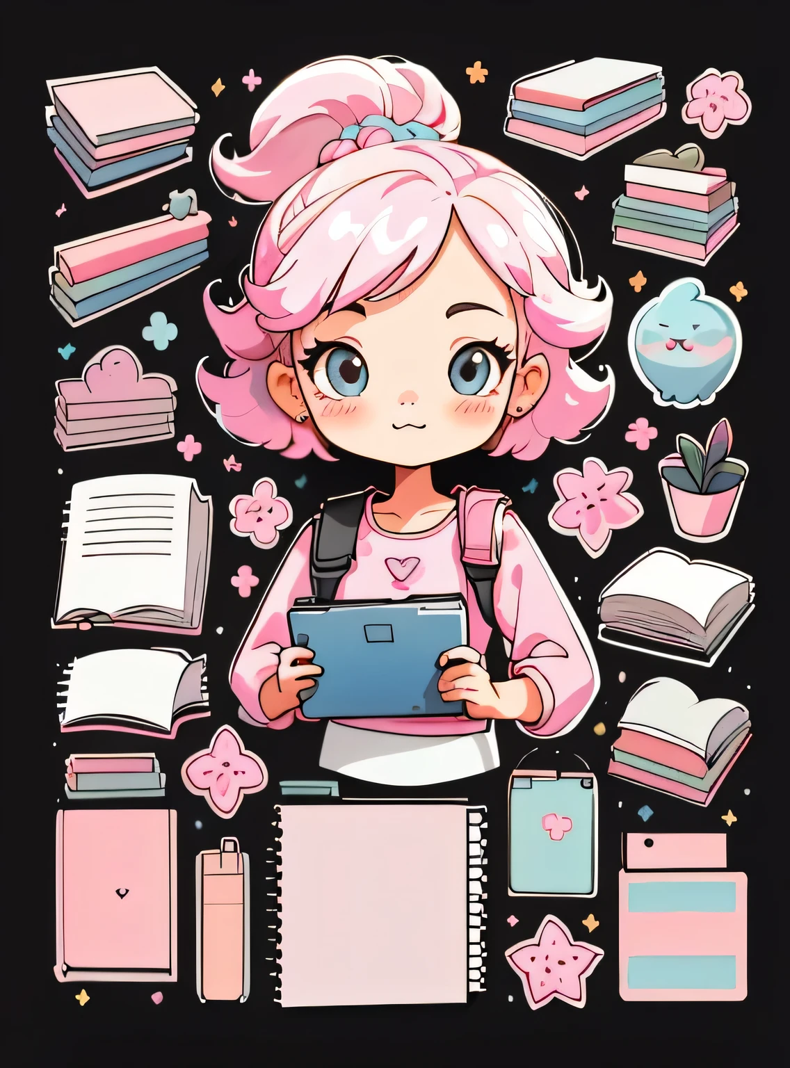 1 adesivo, manual, (uma garota estilosa, modelo, Top rosa, fresco e fresco), fundo rosa e preto, fundo simples, minimum, livros, portable computer, elementos escolares, Bonitinho, pequeno, cor pastel, estilo vetorial, sem gradiente,sorridente