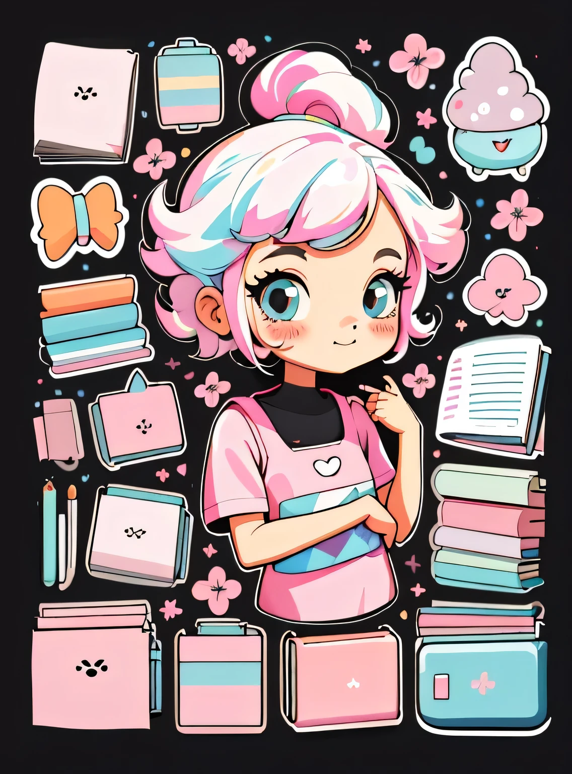 1 adesivo, manual, (uma garota estilosa, modelo, Top rosa, fresco e fresco), fundo rosa e preto, fundo simples, minimum, livros, portable computer, elementos escolares, Bonitinho, pequeno, cor pastel, estilo vetorial, sem gradiente,sorridente