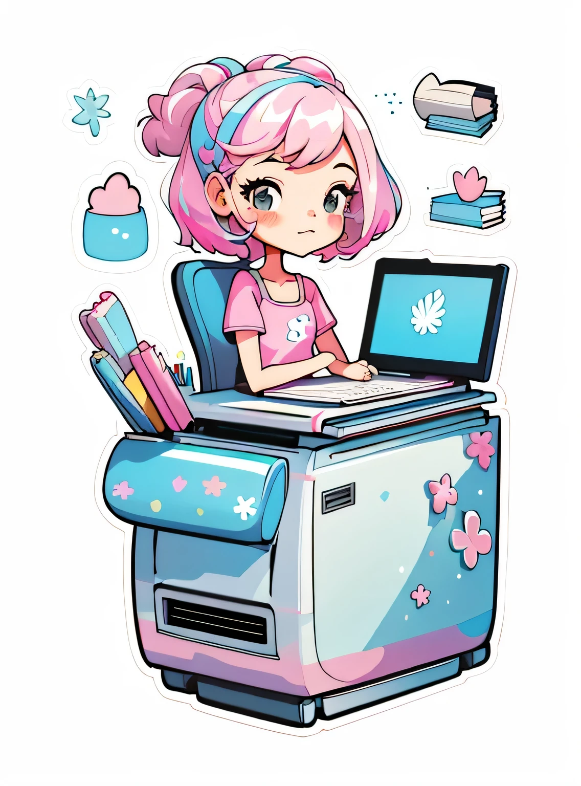 1 adesivo, manual, (uma garota estilosa, modelo, Top rosa, fresco e fresco), fundo rosa e branco, fundo simples, minimum, livros, computador, elementos escolares, Bonitinho, pequeno, cor pastel, estilo vetorial, sem gradiente，sorridente