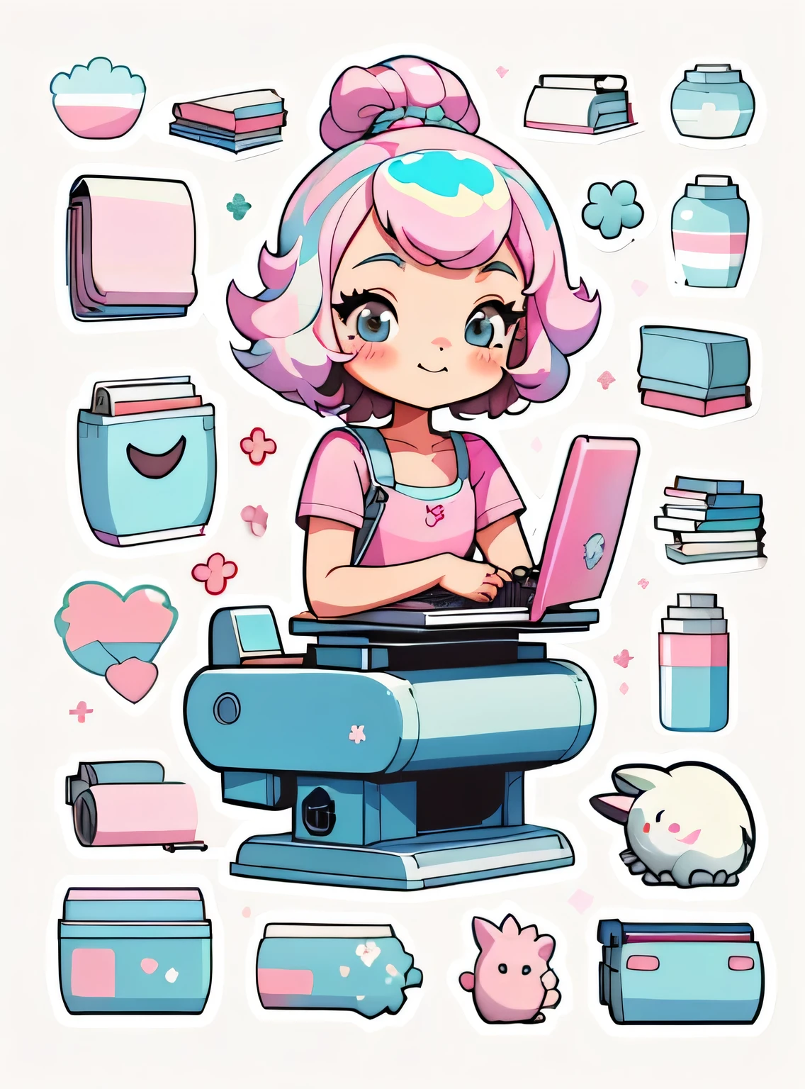 1 adesivo, manual, (uma garota estilosa, modelo, Top rosa, fresco e fresco), fundo rosa e branco, fundo simples, minimum, livros, computador, elementos escolares, Bonitinho, pequeno, cor pastel, estilo vetorial, sem gradiente,sorridente