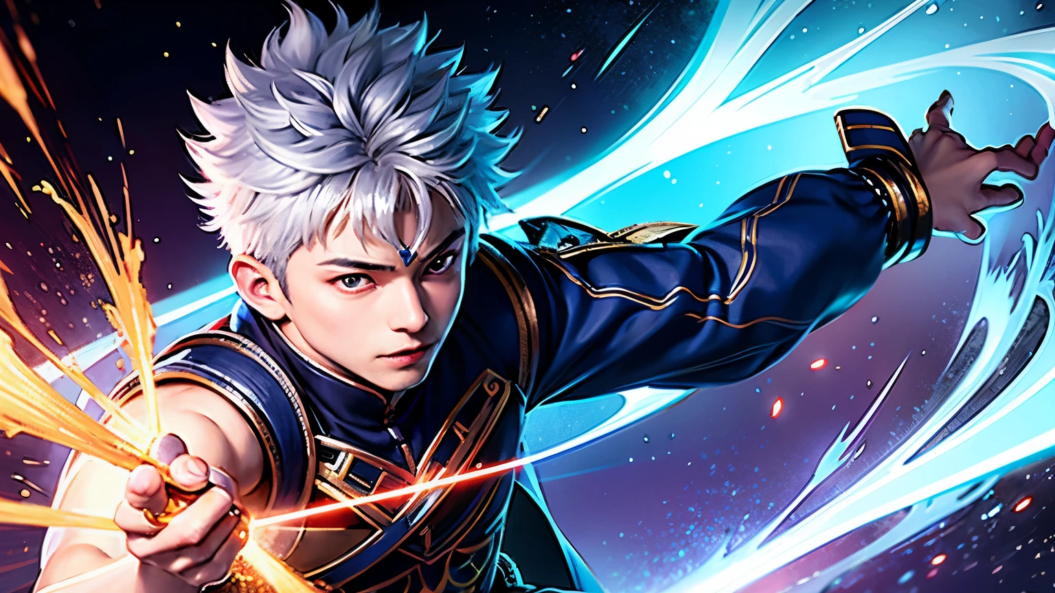 Killua, clad in Mobile Legends-themed attire, grips a radiant gem in his hand, his eyes glowing with determination. With a swift motion, he channels an electrifying spell, its blue energy crackling in the air. The enchanting scene is bathed in a semi-realistic, high-definition light, the details popping with vibrant colors and intricate textures. The background features a dynamic, action-packed Mobile Legends battlefield, adds a sense of excitement and immersion to the artwork.