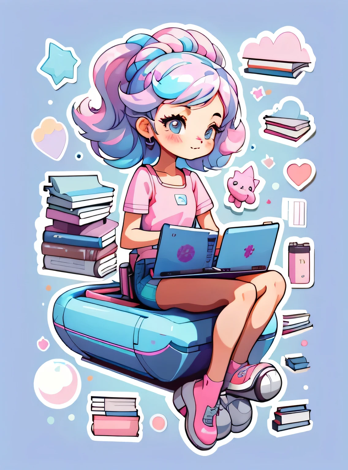 1 adesivo, manual, (uma garota estilosa, modelo, Top rosa, fresco e fresco), fundo roxo e azul, fundo simples, minimum, livros, portable computer, elementos escolares, Bonitinho, pequeno, cor pastel, estilo vetorial, sem gradiente,sorridente