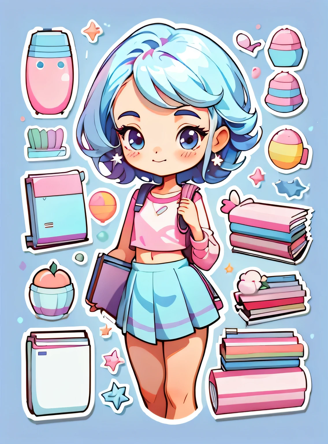 1 adesivo, manual, (uma garota estilosa, modelo, Top rosa, fresco e fresco), fundo roxo e azul, fundo simples, minimum, livros, portable computer, elementos escolares, Bonitinho, pequeno, cor pastel, estilo vetorial, sem gradiente,sorridente
