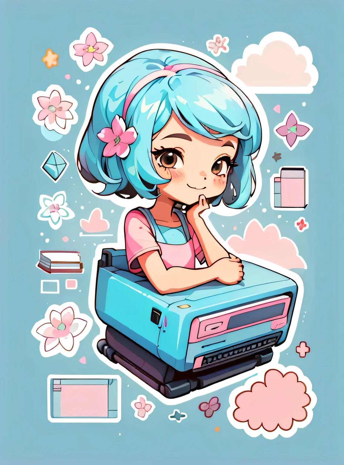 1 adesivo, manual, (uma garota estilosa, modelo, Top rosa, fresco e fresco), fundo marrom e azul, fundo simples, minimum, livros, computador, elementos escolares, Flores, Bonitinho, pequeno, cor pastel, estilo vetorial, sem gradiente，sorridente
