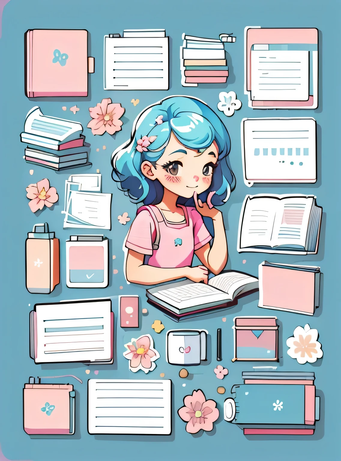 1 adesivo, manual, (uma garota estilosa, modelo, Top rosa, fresco e fresco), fundo marrom e azul, fundo simples, minimum, livros, computador, elementos escolares, Flores, Bonitinho, pequeno, cor pastel, estilo vetorial, sem gradiente,sorridente