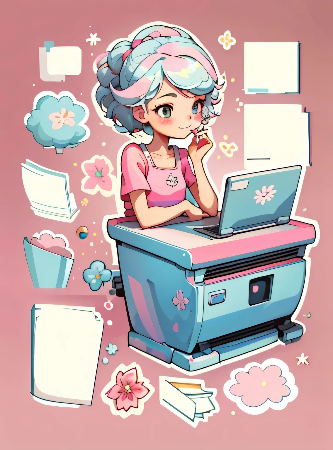 1 adesivo, manual, (uma garota estilosa, modelo, Top rosa, fresco e fresco), fundo vermelho, fundo simples, minimum, livros, computador, elementos escolares, Flores, Bonitinho, pequeno, cor pastel, estilo vetorial, sem gradiente，sorridente