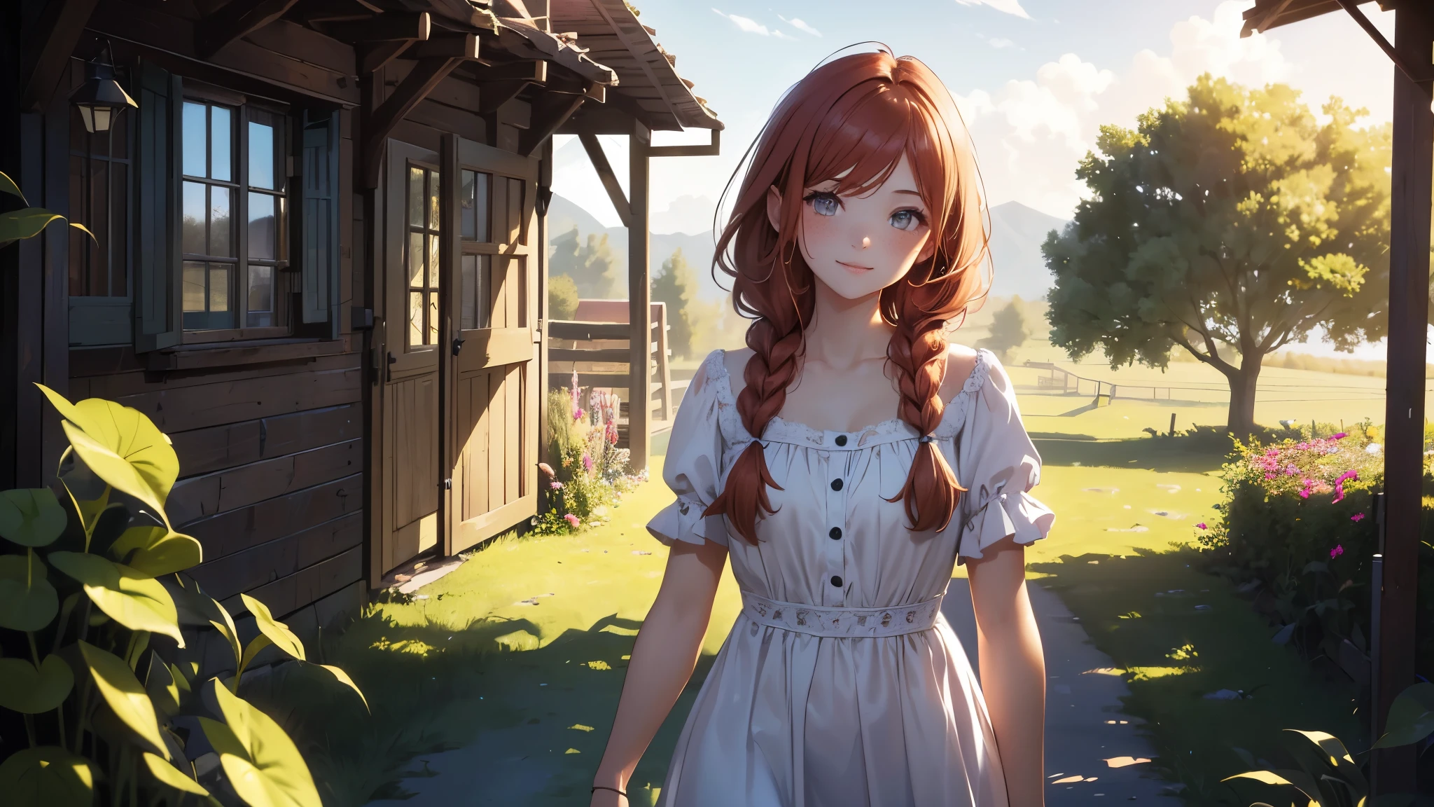 ((masterpiece,best quality,ultra detailed,ultra high res,detailed country yard background)), soft realistic focus, dynamic shadows, realistic image, vibrant colors,light leaks,dreamy atmosphere,chiaroscuro,BREAK 
experimental charm, The girl is depicted in full growth, you see the girl from head to toe, nostalgic appeal, country girlfriend, she take you with yourself, simple open short dress, soft mischievous smile, freckles, shiny light red hair, she will take your hand, thick braids