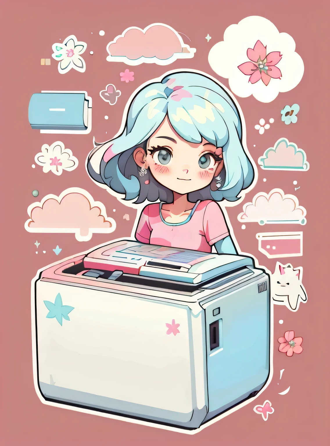 1 adesivo, manual, (uma garota estilosa, modelo, Top rosa, fresco e fresco), fundo vermelho, fundo simples, minimum, livros, computador, elementos escolares, Flores, Bonitinho, pequeno, cor pastel, estilo vetorial, sem gradiente,sorridente