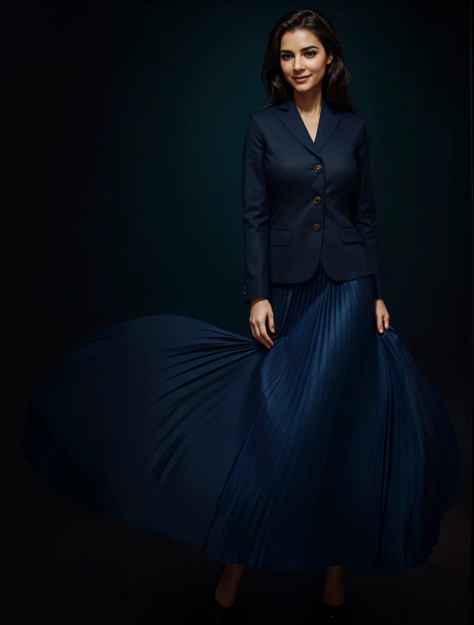 A smiling, authentic, (shy:1,3), kind, beautiful woman, completely alone in an empty space station, in love with her skirt, standing while wind lifts her skirt, wearing short blazer and very very detailed (long (fully pleated) full circle skirt) and (simple) low heeled office shoes, very very intricate hyper-detailed symmetric (attractive graceful young feminine face) with (sad, tired eyes and a shy smile), large breasts, full of empathy and compassion and love, (pronounced (feminine) features), (highly detailed ultra accurate realistic) hands and fingers, (windy), epic composition, highly detailed attributes, (35mm f1.4 Kodak portra 400 photograph), extremely high quality RAW photograph, highly detailed atmosphere, sci-fi, cinematic shot, dynamic lighting, 75mm, Technicolor, Panavision, cinemascope, sharp focus, fine details, 8k, HDR, realism, realistic, key visual, film still, superb cinematic color grading, depth of field