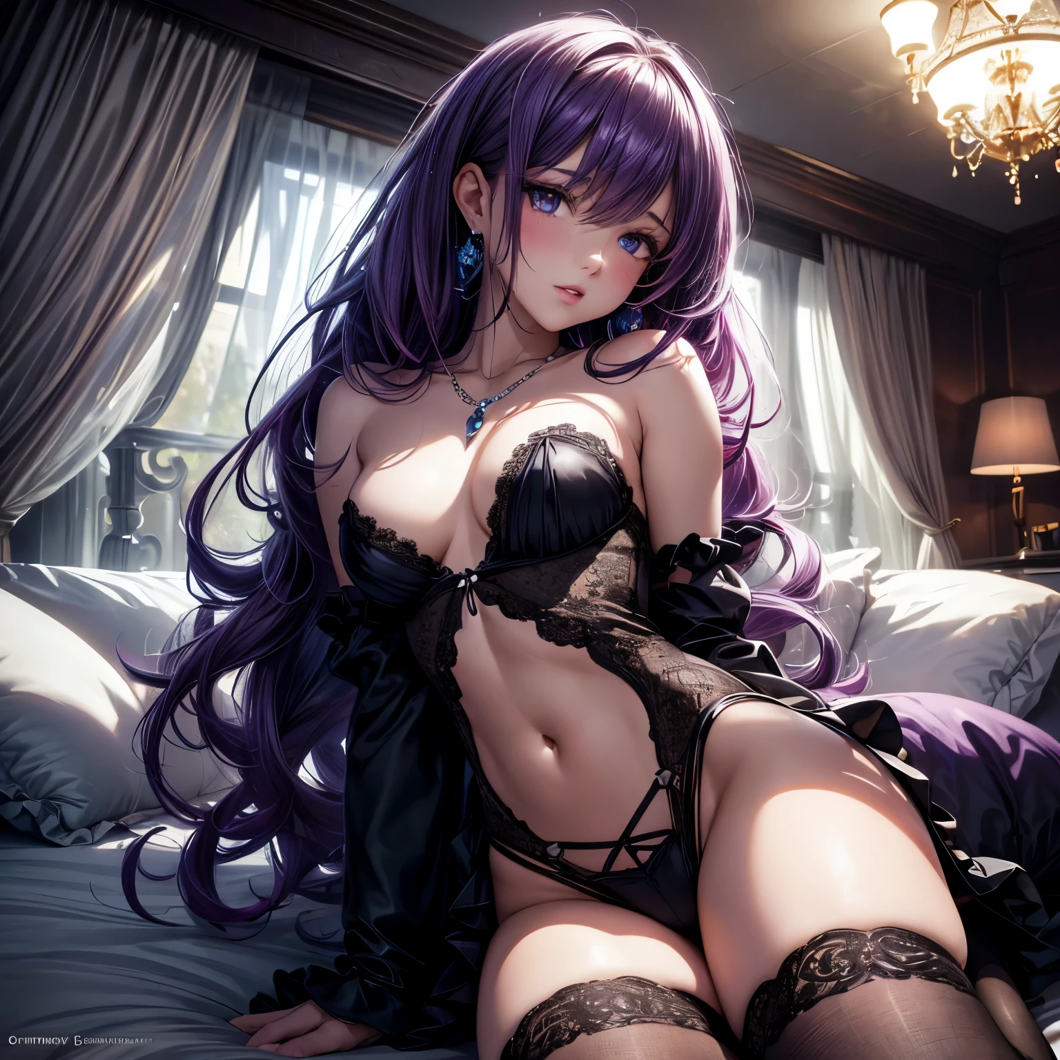 topaz eyes, parted lips, (small breast:1.5), dress, thighhighs, (sexy standing on knee:1.2), masterpiece, best quality, ultra-detailed, illustration,(1girl), beautiful detailed eyes, hair over one eye, sweaty body, seductive face, jewelry, floating hair, earrings, navel, long or short hair, necklace, seductive face,parted lips,(sexy magicians costume skympy clothes, purple hair ) ((undressing in front of an viewer,from below view, erotically standing on knee in bed capturing the moment when her clothes are lowered ,parted lips)). bedroom, erotic and intimate atmosphere illustration, lens flare, shining, aureole mesmerizing eyes, luscious lips, shadowplay emphasizing beauty, artistic composition, bedroom alluring bedroom setting, dark and moody lighting, seductive ambiance, soft and sensual color tones, silky-textured fabric, detailed cloth draping best quality,4k,8k,highres,masterpiece:1.2),ultra-detailed,(realistic,photo-realistic:1.37) vibrant color,normal breast , bright white tone, illustration,(perfect hand,perfect fingers), glowify, dakimakura style