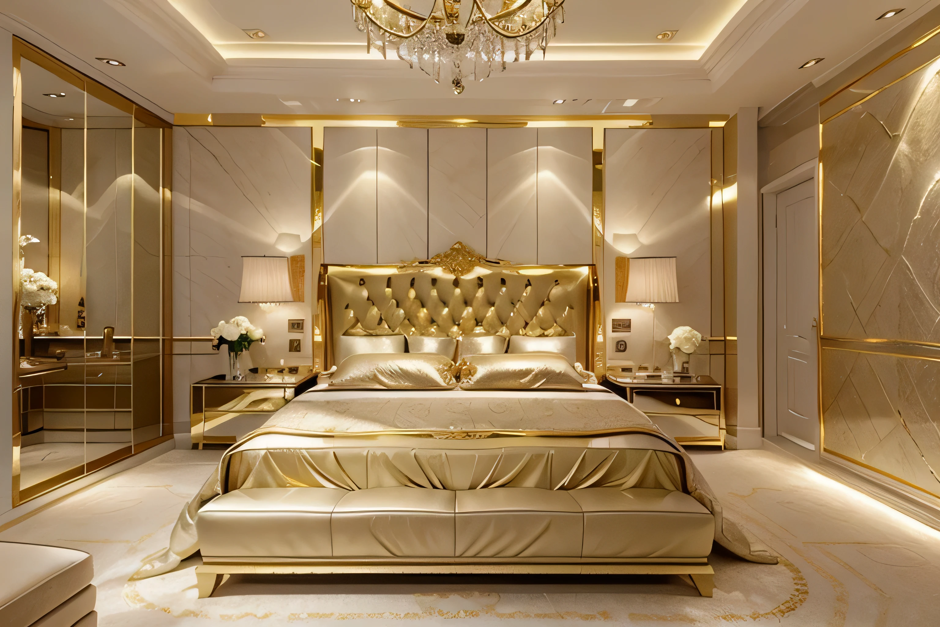 luxury bedroom, gold and white themed